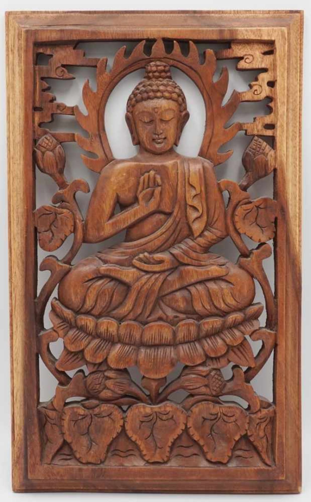 Buddha auf dem Lotusthron, 2. Hälfte 20. Jh.Balsaholz, guter Zustand, 40 x 25 cm (HxB)