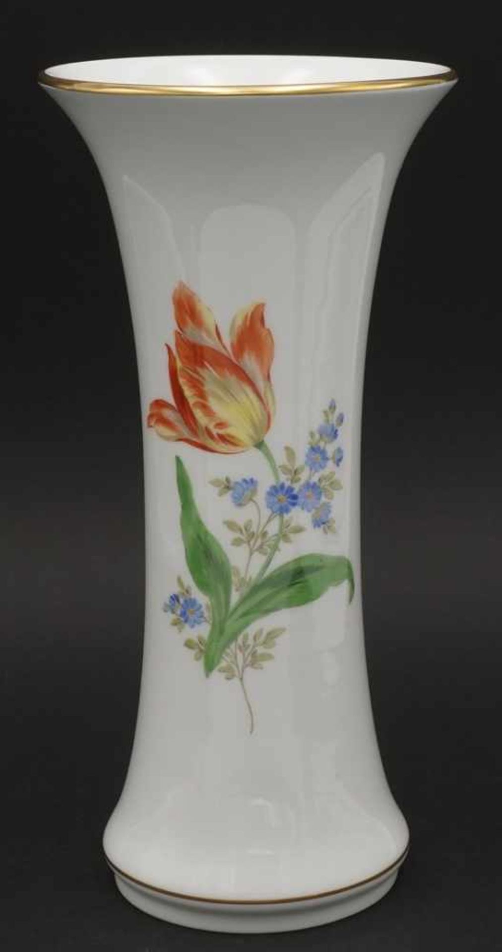 Meissen Vase mit Bunter Blume1. Wahl, Vintage Blume 2, Mitte, Motiv Tulpe, Goldrand, im Boden
