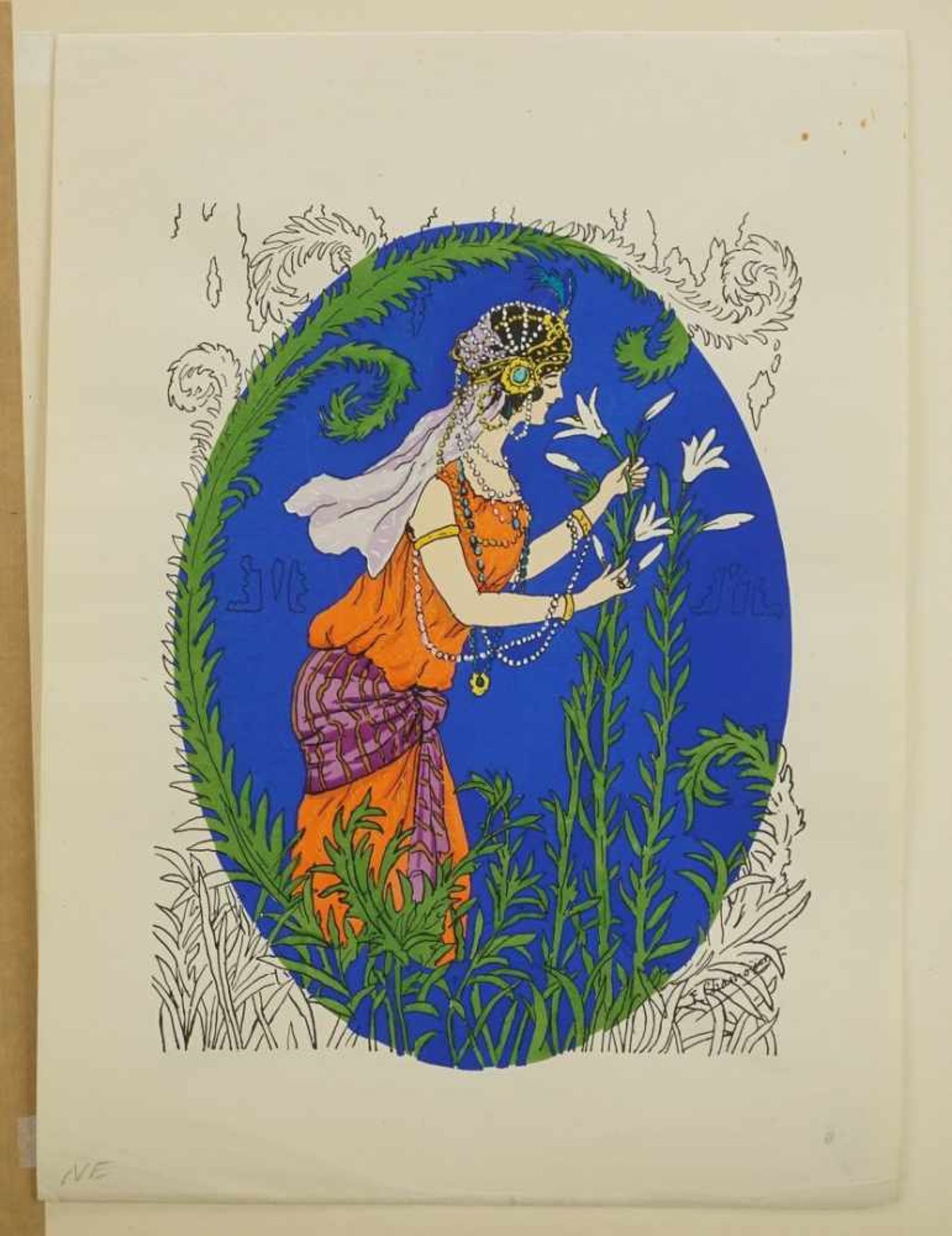 F. Chasnoyer, "Jugendstildame mit weißen Lilien"Farblithografie, unten rechts im Stein signiert, - Bild 3 aus 4