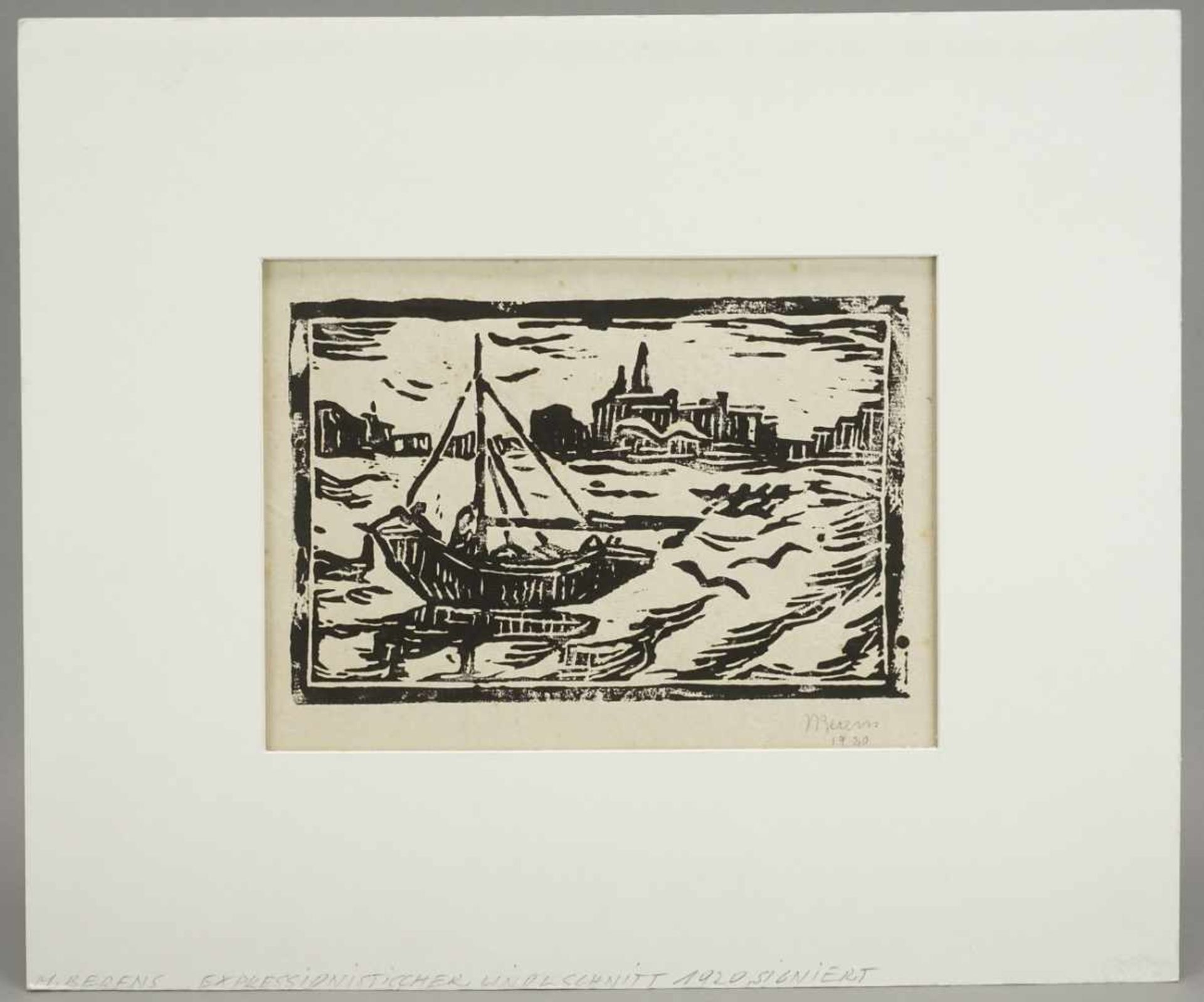 M. Berens, "Segelboot vor Stadtkulisse"expressiver Holzschnitt/Büttenpapier, unten rechts - Bild 2 aus 4