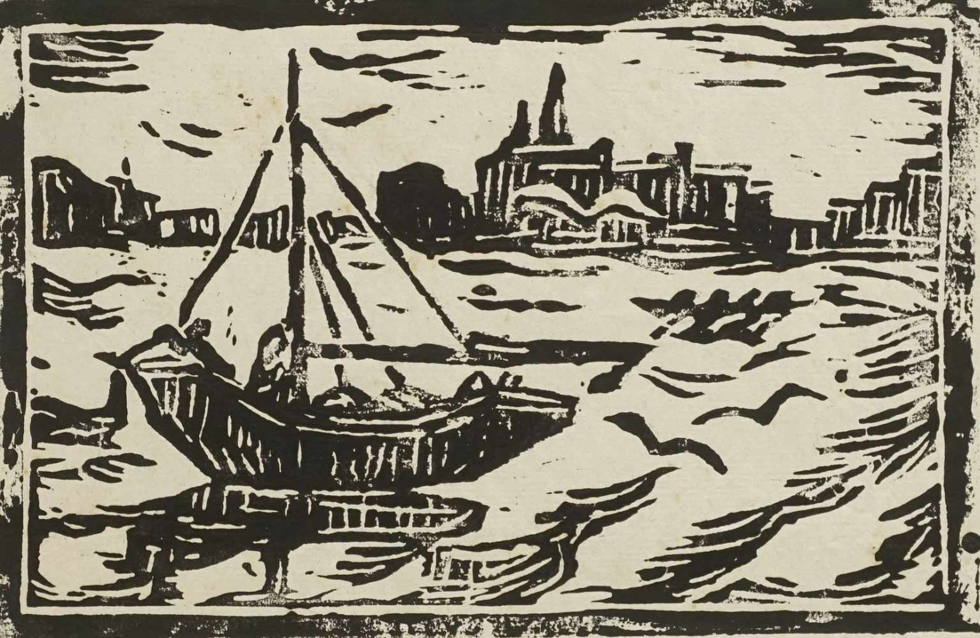 M. Berens, "Segelboot vor Stadtkulisse"expressiver Holzschnitt/Büttenpapier, unten rechts