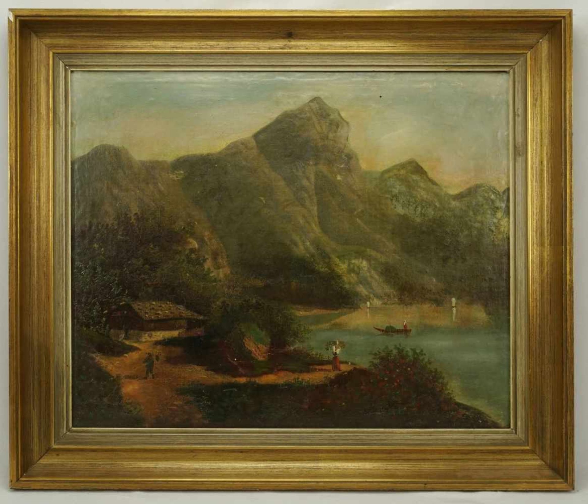 Unbekannter Maler, "Alpensee"Öl/Holzplatte, unsigniert, altersgemäßer Zustand, 46 x 57 cm (HxB), - Image 2 of 3