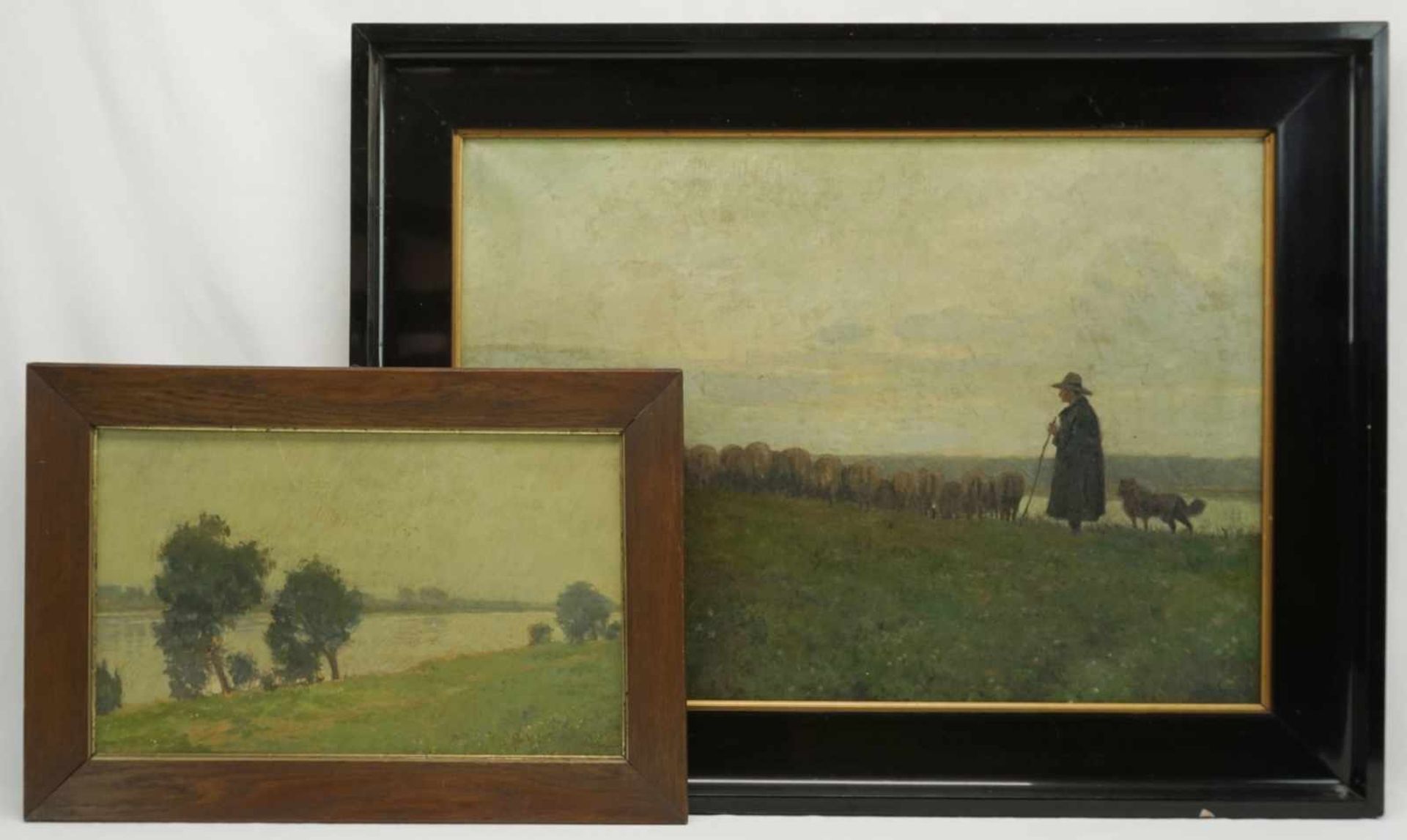 A. Werner, zwei Gemälde "Flusslandschaft" und "Der Schäfer"1) "Flusslandschaft ", Öl/Maltafel, unten