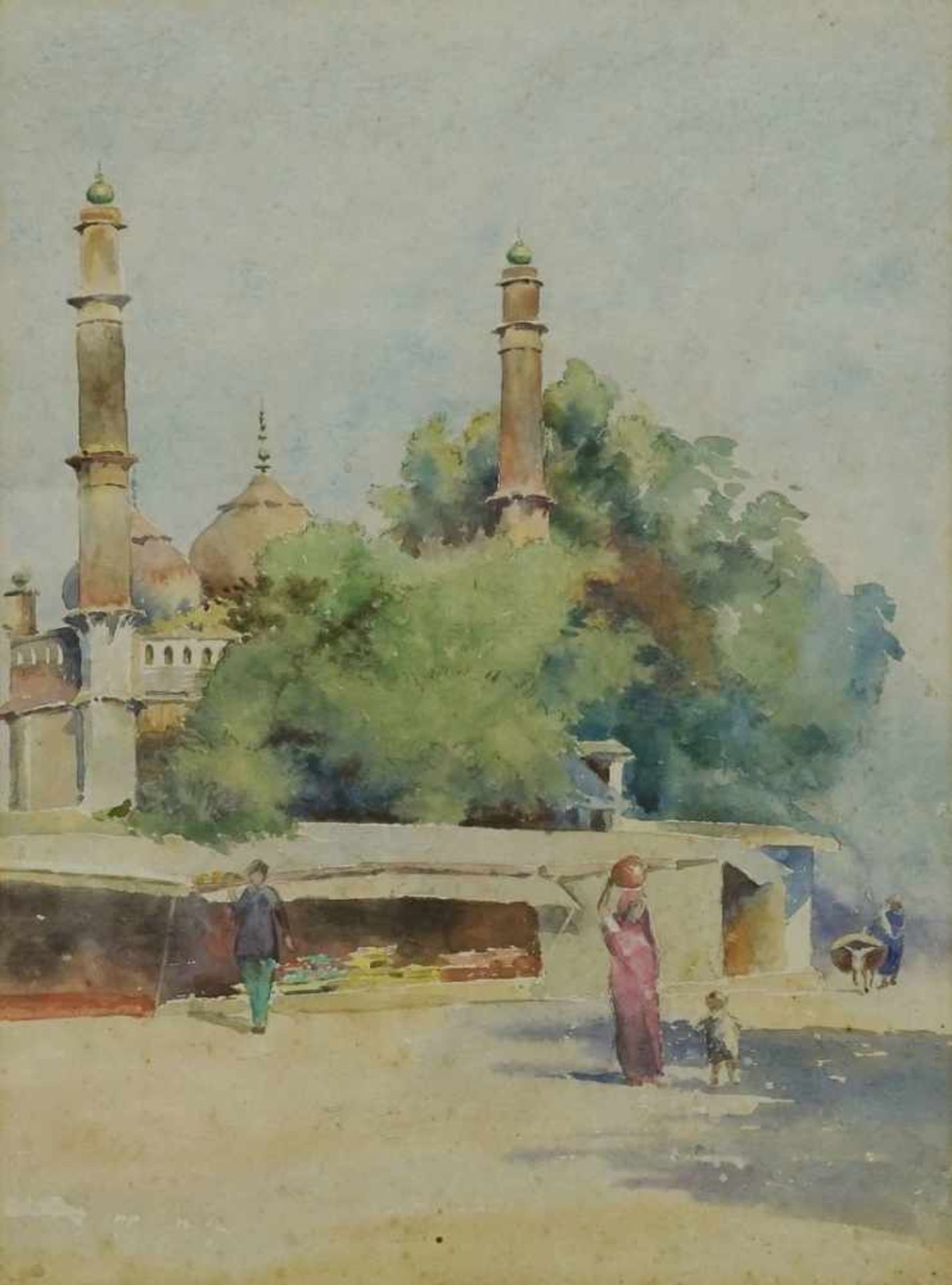 Unbekannter Maler, "Marktplatz vor der Moschee"Aquarell/Papier, unsigniert, orientalisches Bild