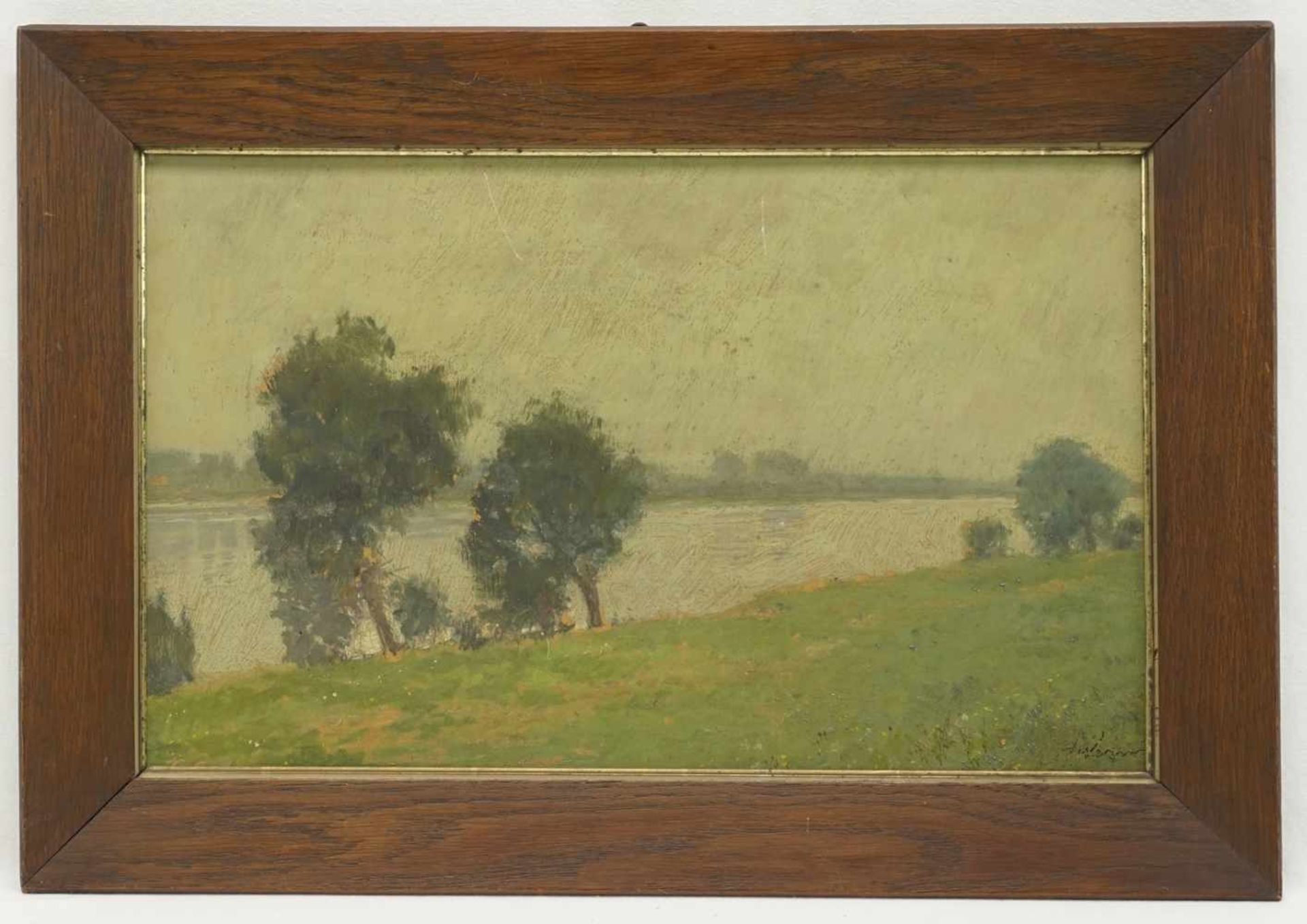 A. Werner, zwei Gemälde "Flusslandschaft" und "Der Schäfer"1) "Flusslandschaft ", Öl/Maltafel, unten - Bild 2 aus 7