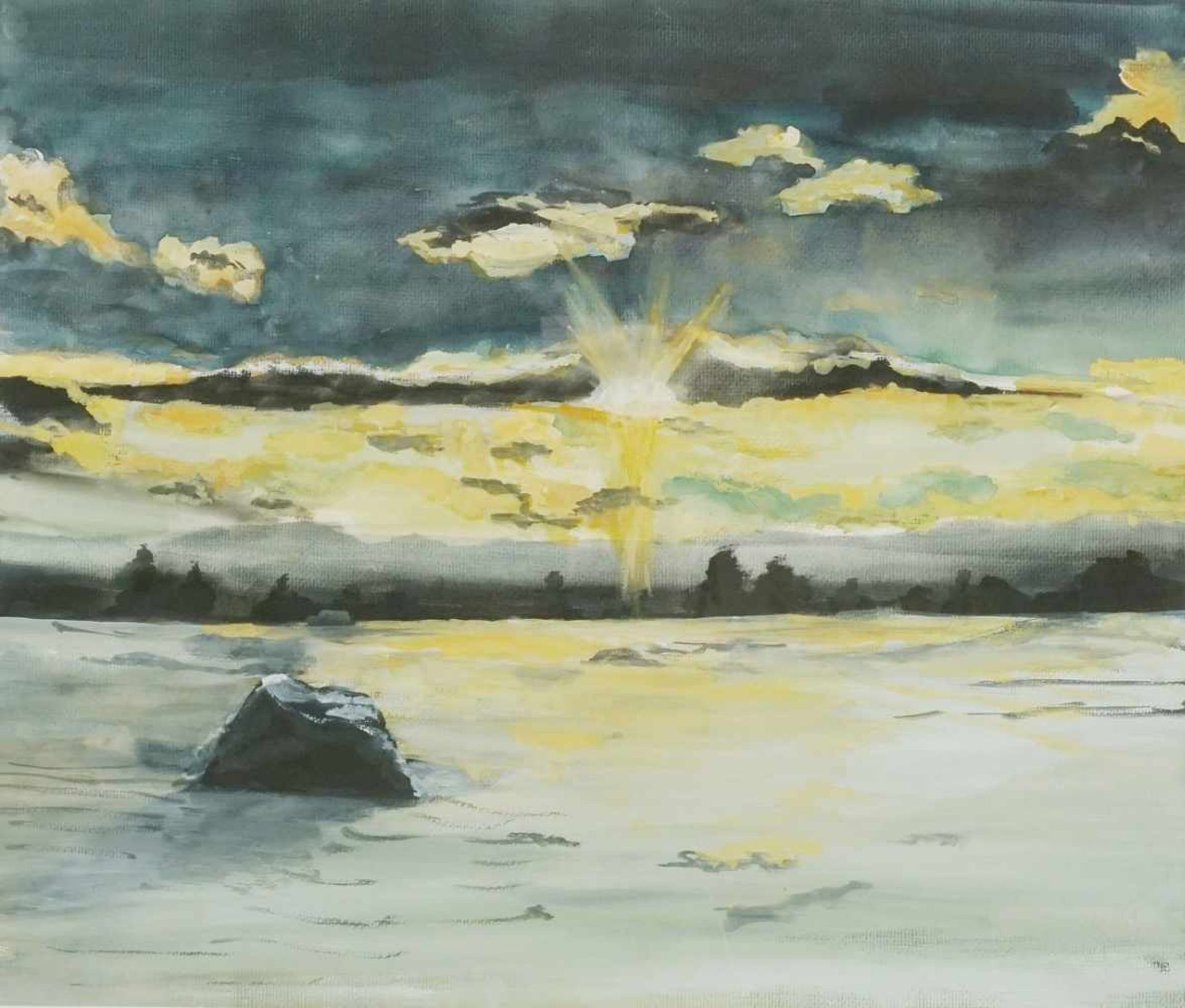 Unbekannter Maler, "Dramatischer Sonnenuntergang"Temperamalerei, guter Zustand, 45 x 54 cm (HxB),