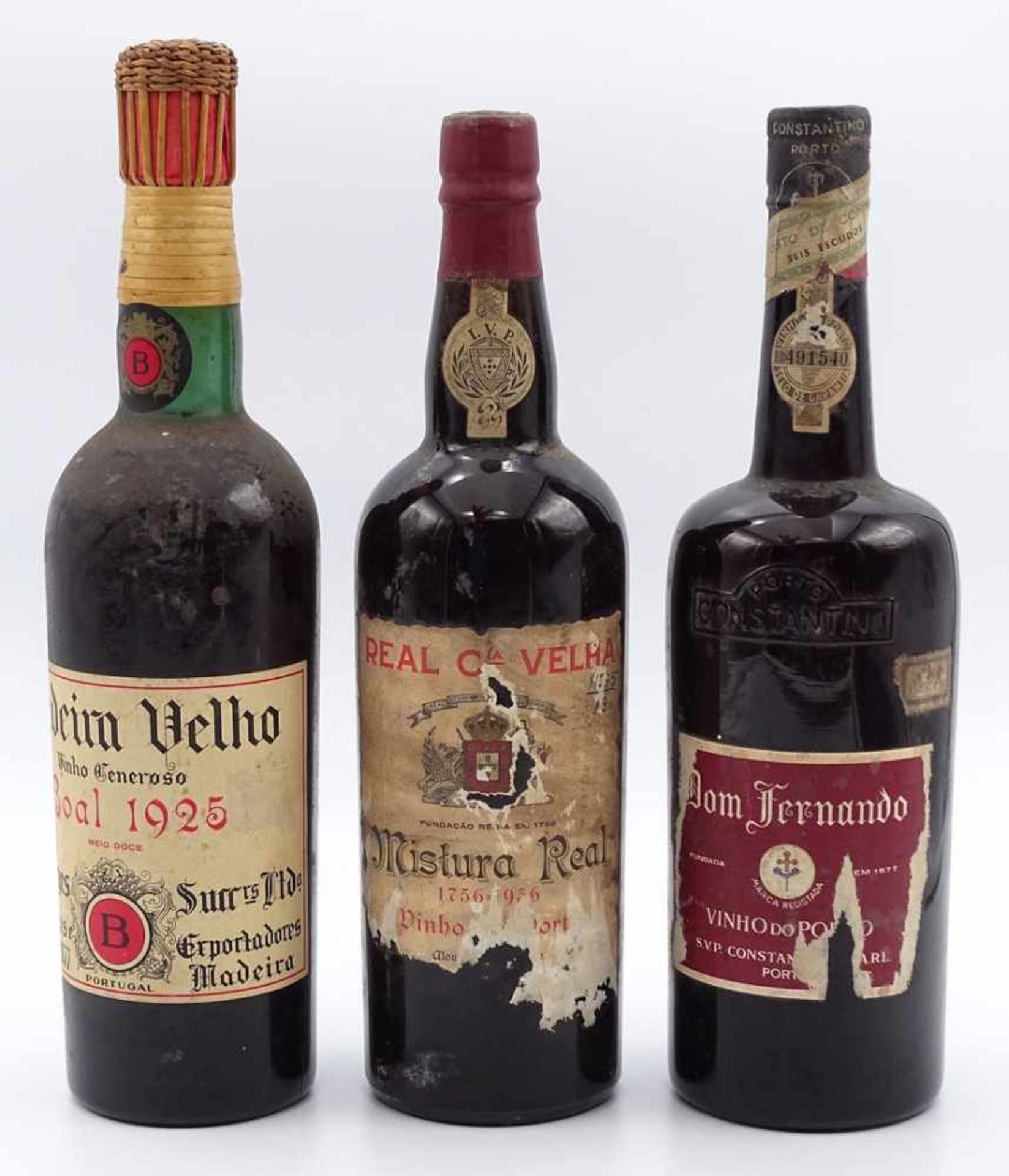 Drei Flaschen alter Portwein1) Boal Solera 1925 Madeira Velho Vinho Ceneroso, Füllhöhe top-