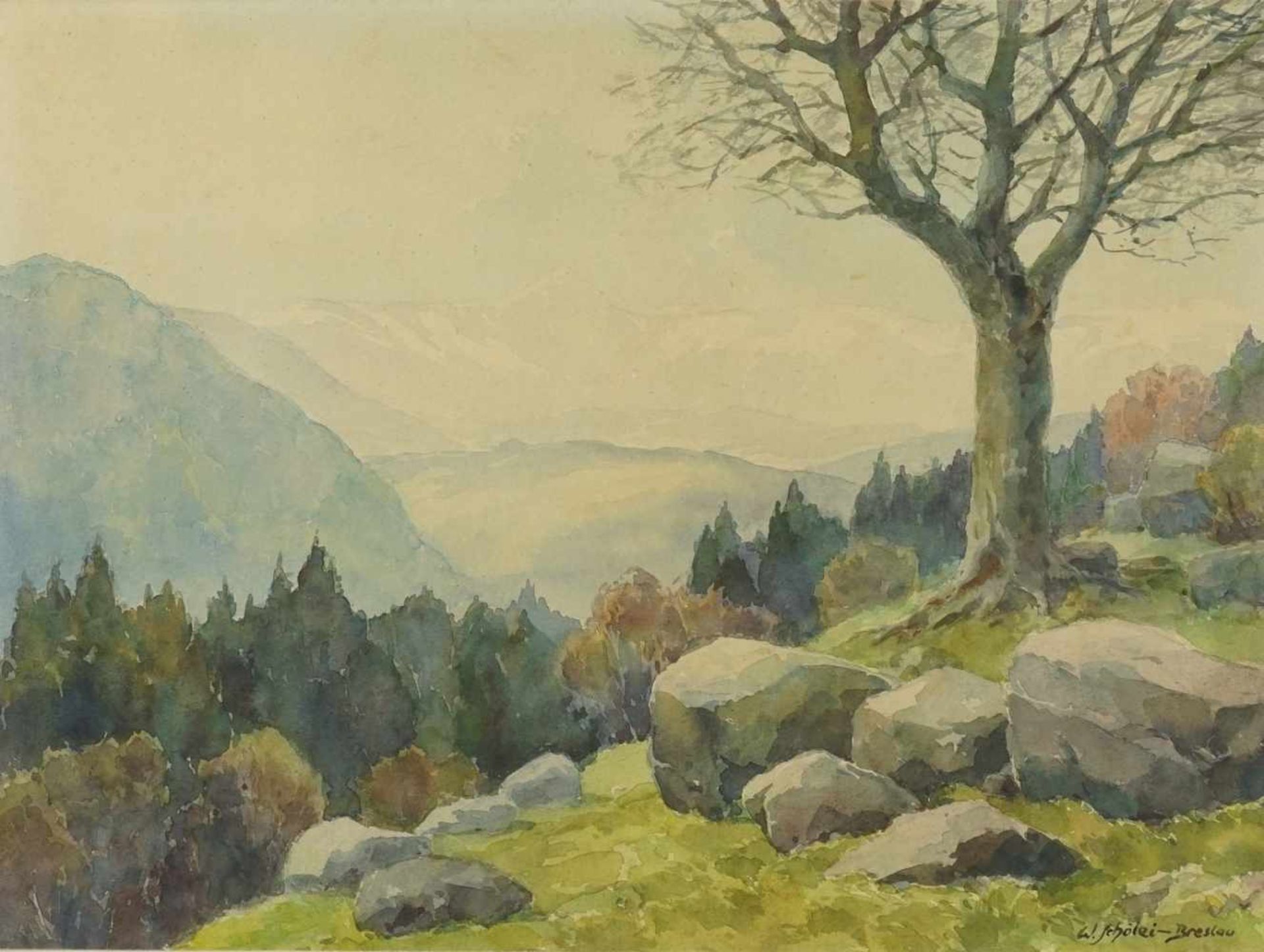 Walter Schölei-Breslau, "Felsige Landschaft"(1891 - 1958), Aquarell/Papier, unten rechts signiert,