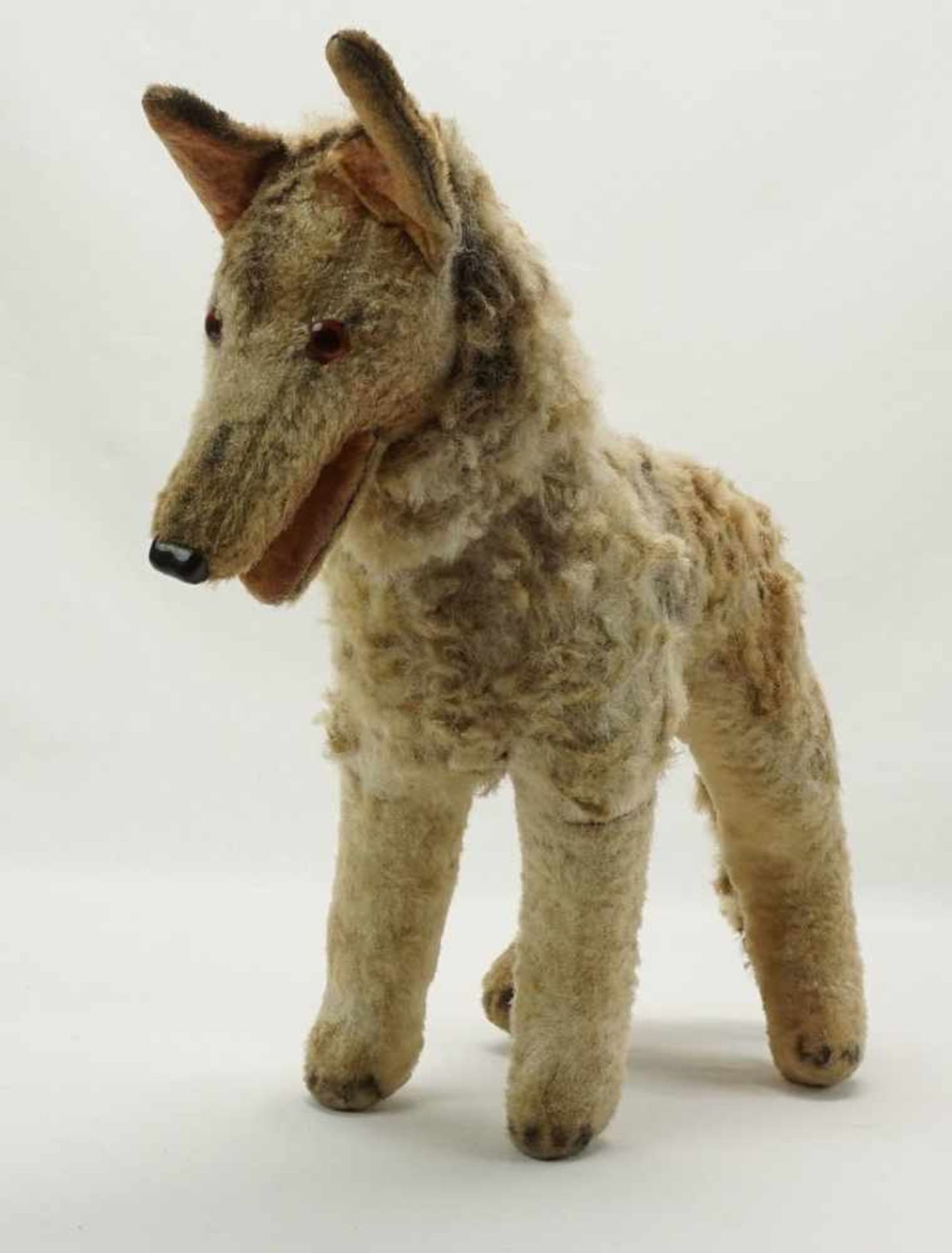 Hund mit Holzwolle Füllung, 1. Hälfte 20. Jh.Mohair, Glasaugen, gemaltes Gesicht, altersgemäßer