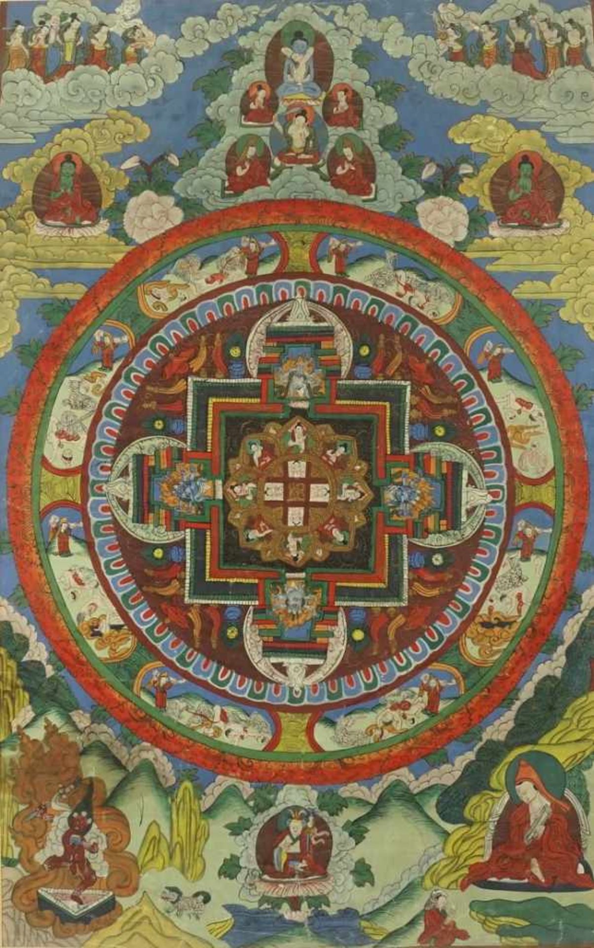 Thangka im Rahmenhandgemalt auf Papier, es wird zur Meditation in Tempeln oder Hausaltären