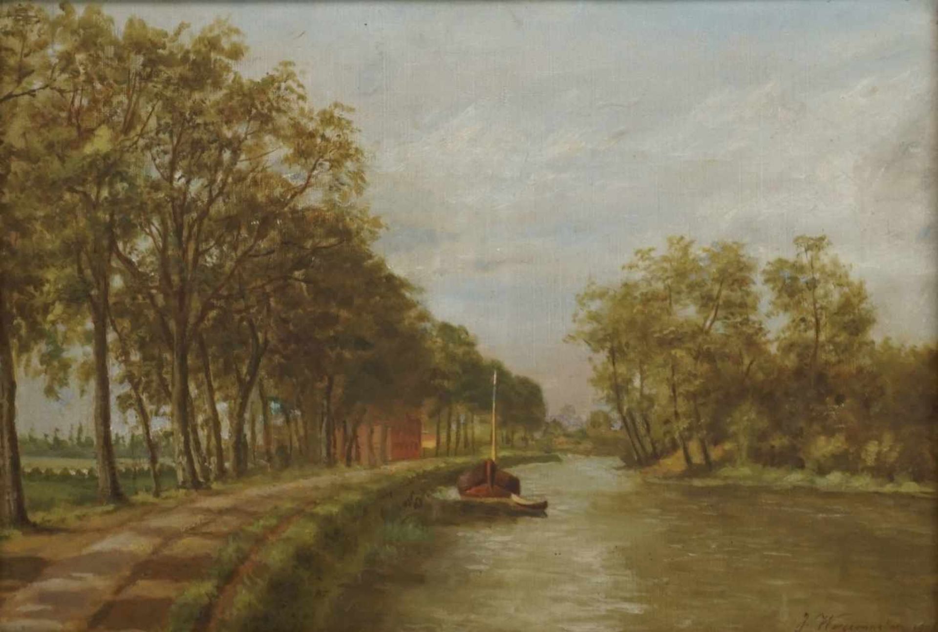 Unbekannter Maler, "Am Kanal"Öl/Leinwand, unten rechts undeutlich signiert, belgische / - Bild 2 aus 4