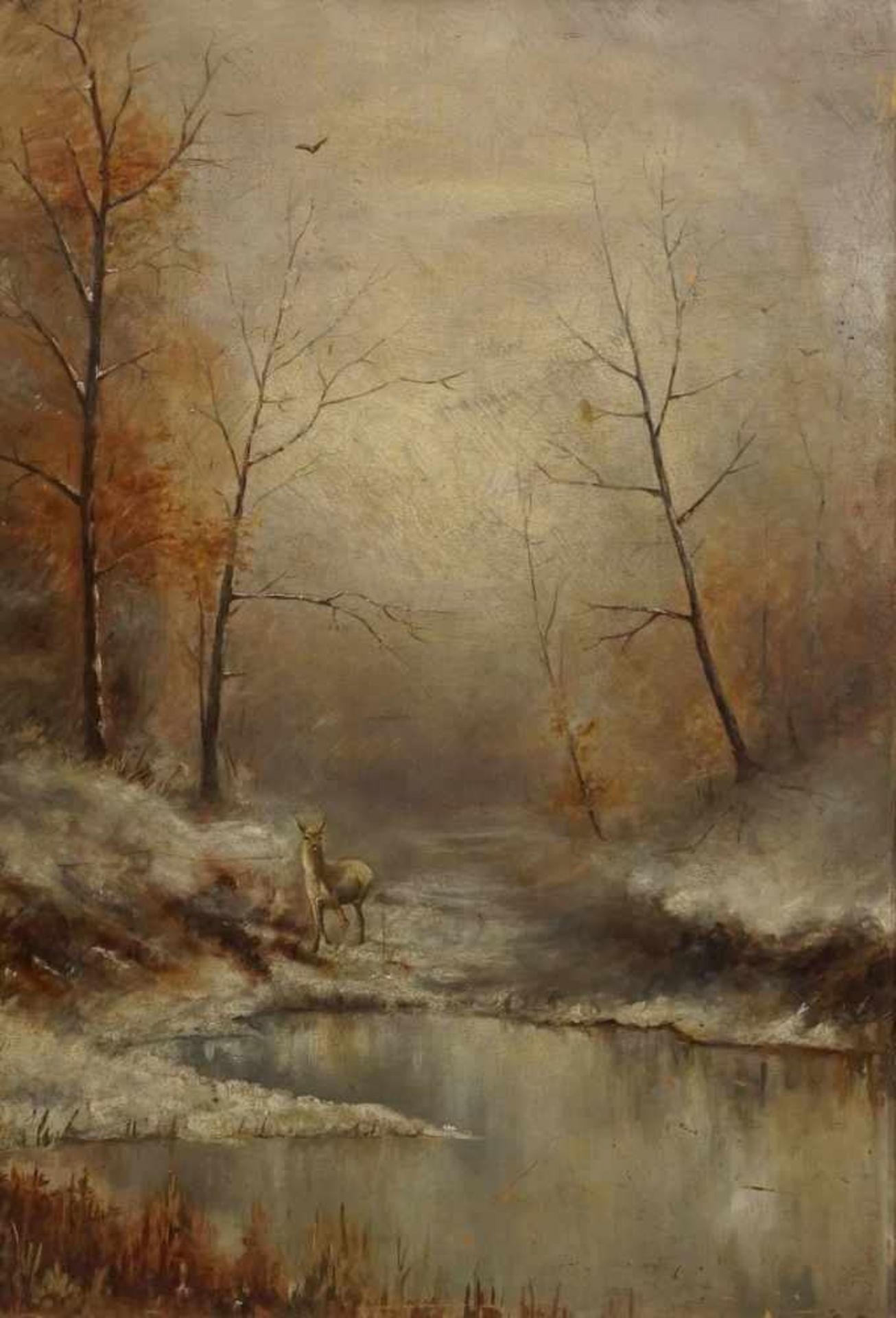 C. Post, "Reh in Winterlandschaft"Öl/Maltafel, unten rechts signiert, Reh am gefrorenen See, guter