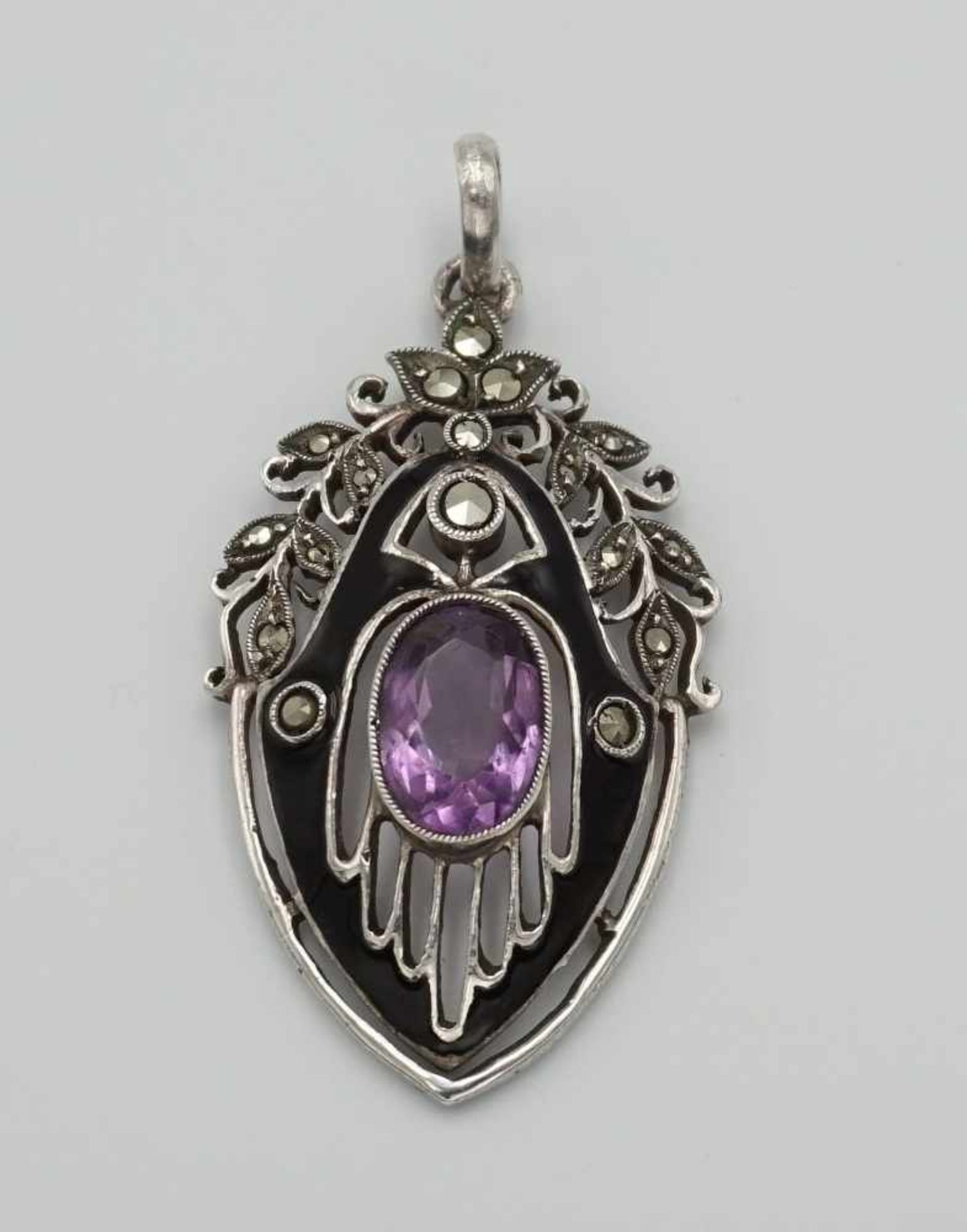 Fahrner Jugendstil Anhänger mit Amethystum 1900, 800/- Silber mit zusätzlicher Punze "TF" im Kreis