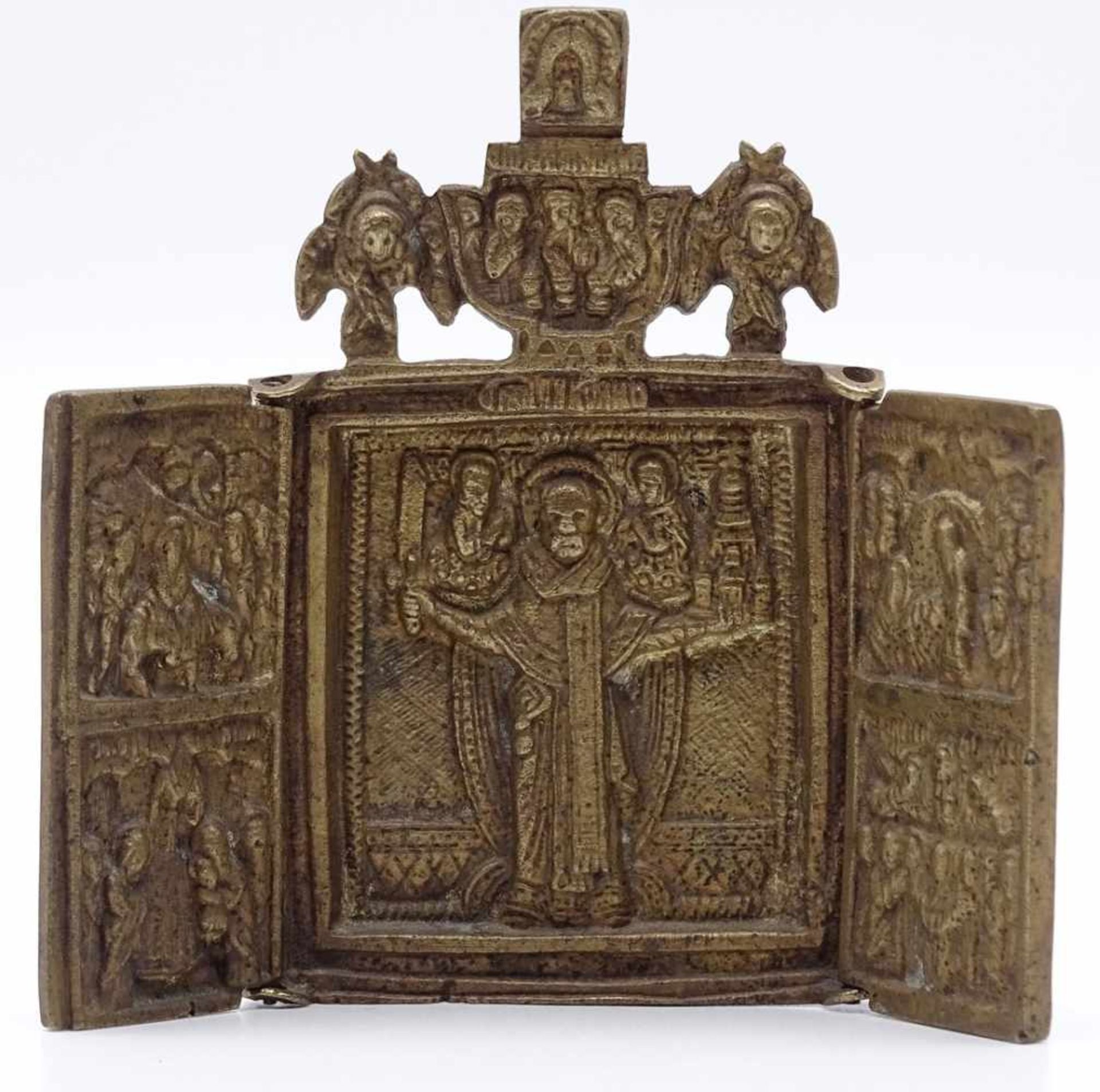 Reiseikone, 19. Jh.Russland, Bronze, 3-teilig, Inschriften, mit Darstellungen von orthodoxen