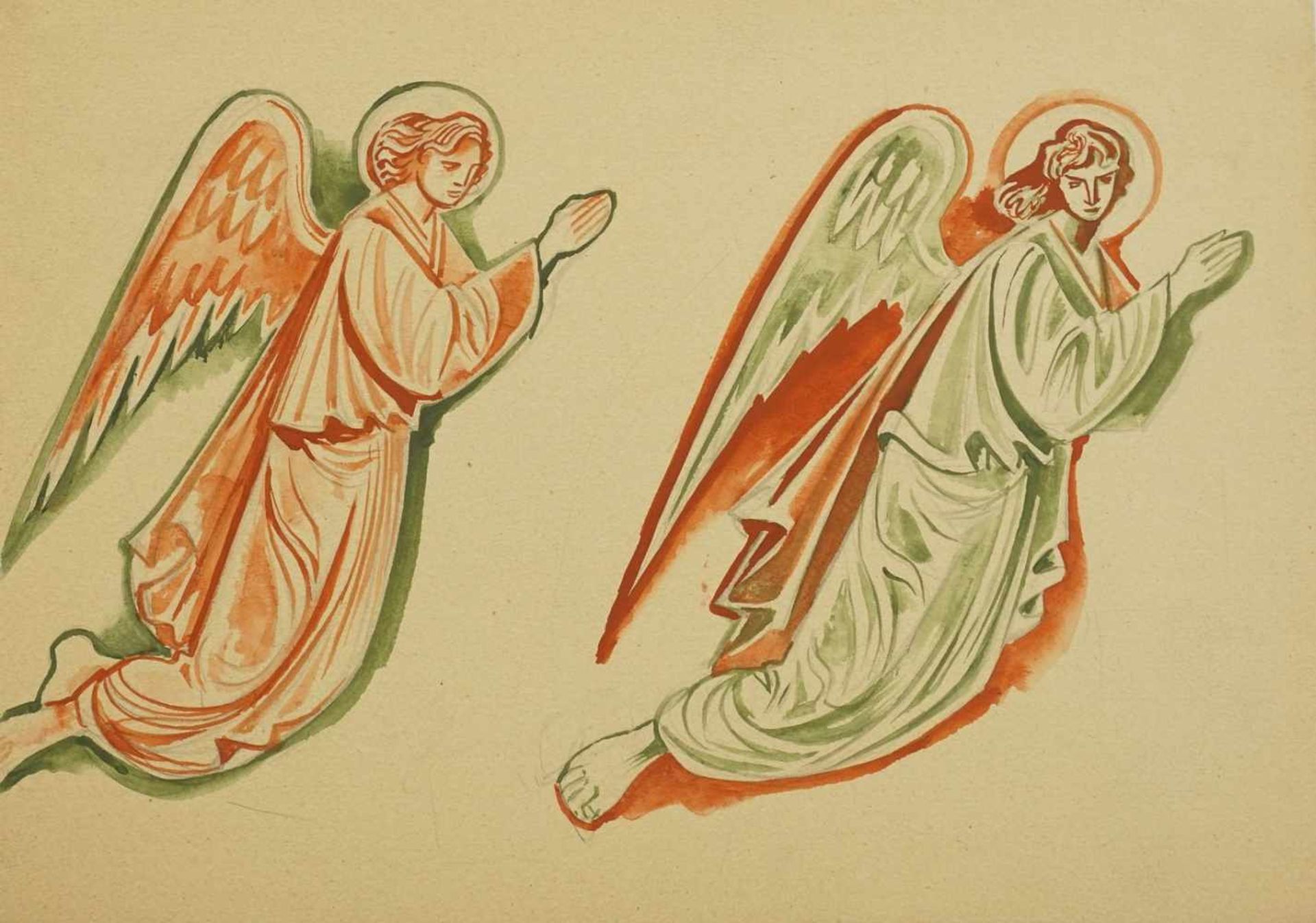Richard Schwarzkopf, "Zwei betende Engel"(1893 Bonn - 1963 Düsseldorf), Aquarell/Papier, verso