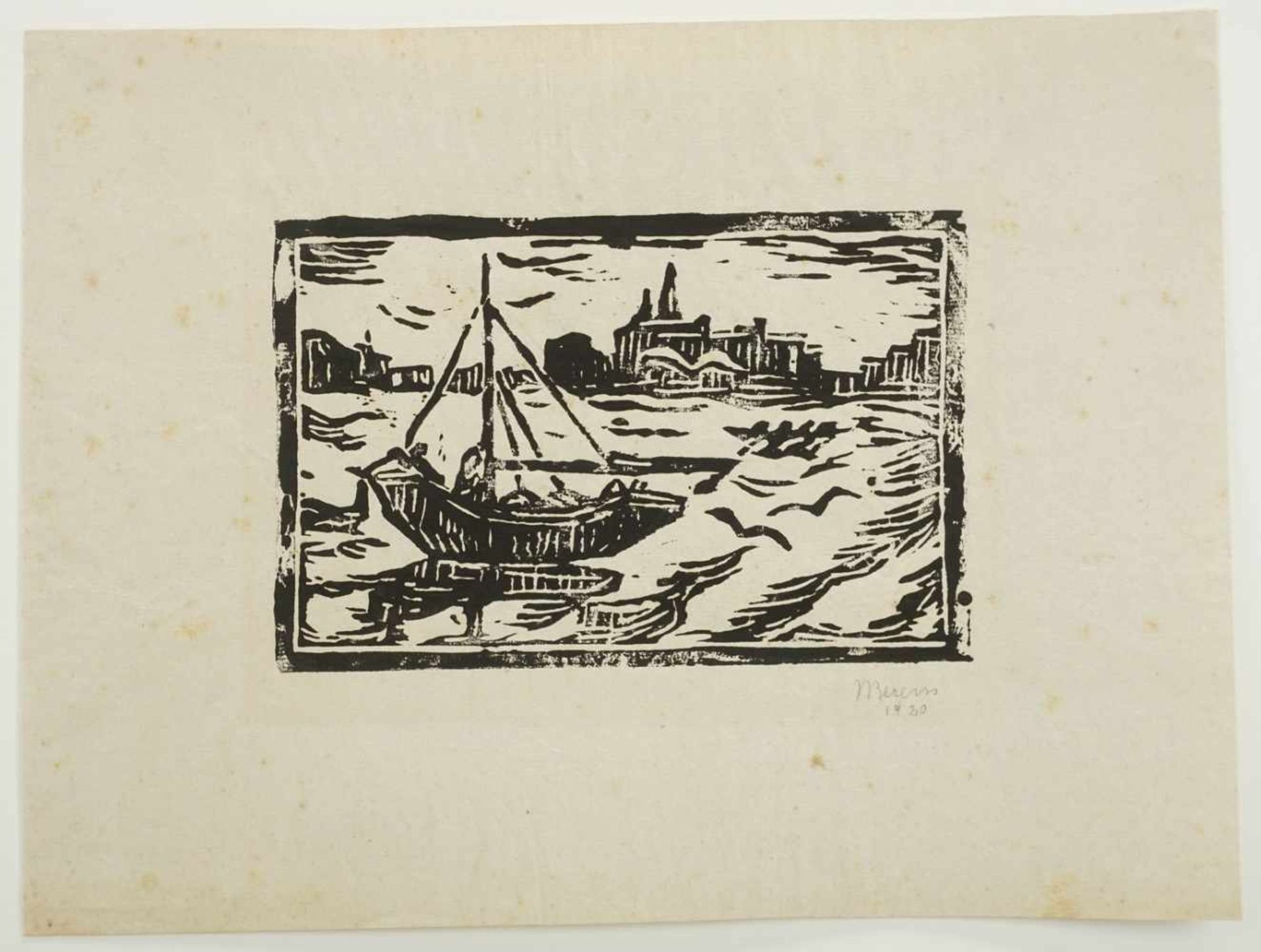 M. Berens, "Segelboot vor Stadtkulisse"expressiver Holzschnitt/Büttenpapier, unten rechts - Bild 3 aus 4