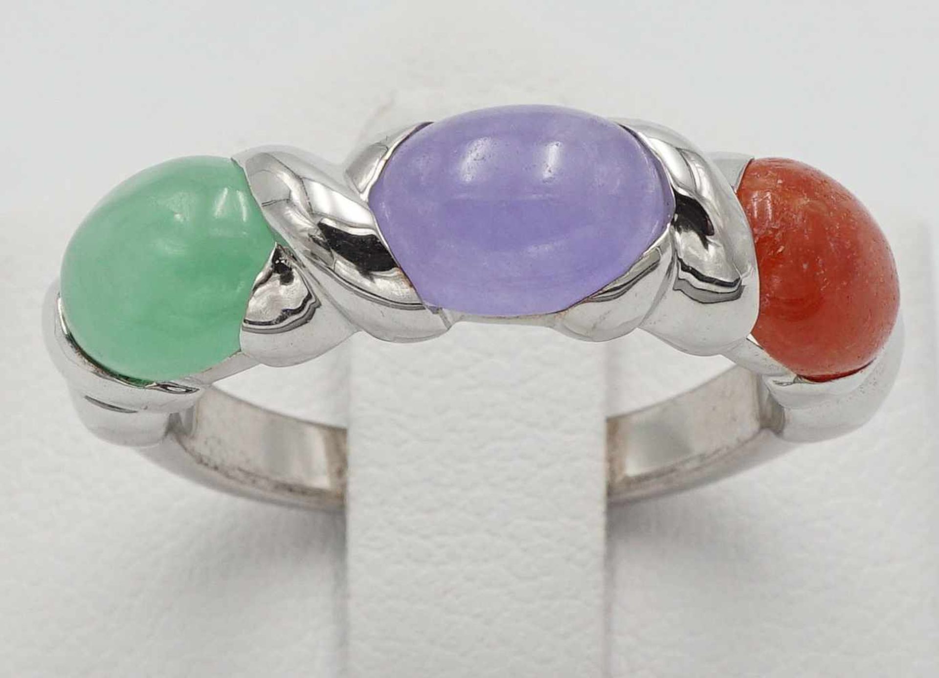 Silberring mit Chrysopras, Amethyst und Karneol925/- Silber, drei Quarz-Cabochons Zargenfassung,