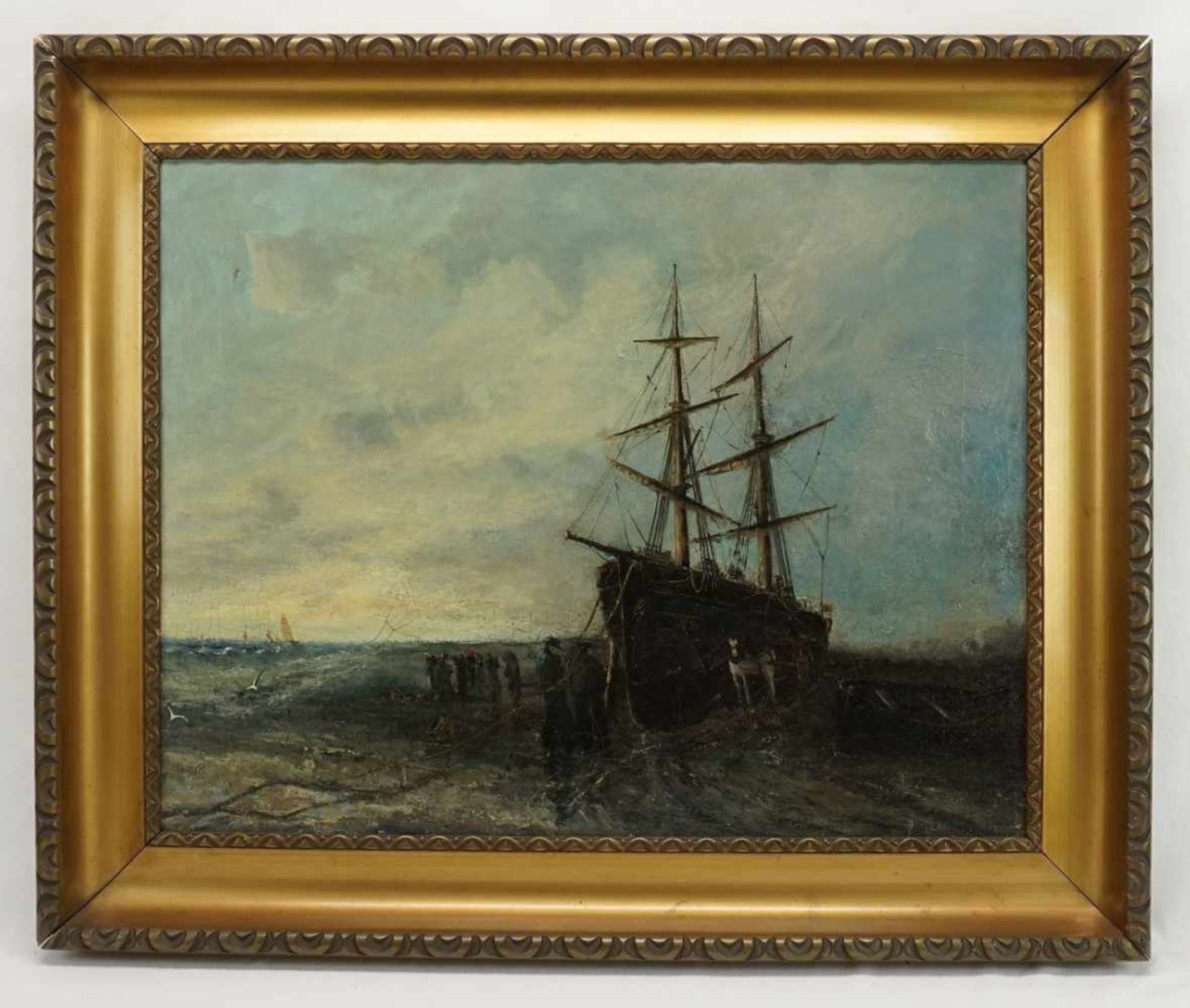 Unbekannter Künstler, "Zweimaster mit Fischern"Öl/Leinwand, unsigniert, 1. Hälfte 19. Jh., Schiff - Bild 2 aus 4