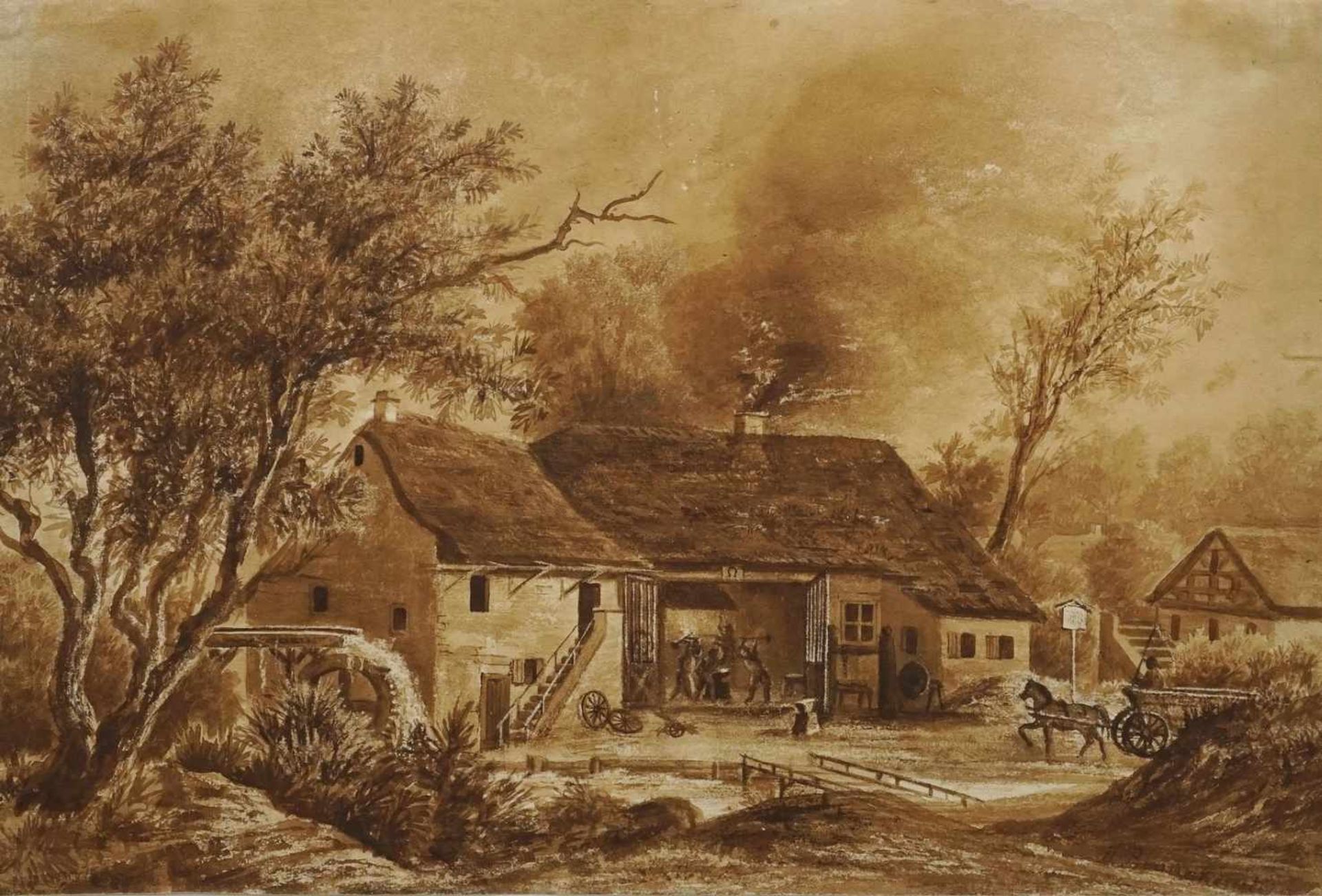 Hermann Benneckenstein, "Schmiede mit Wassermühle"(1830 - 1890), sepiafarbenes Aquarell/Papier,