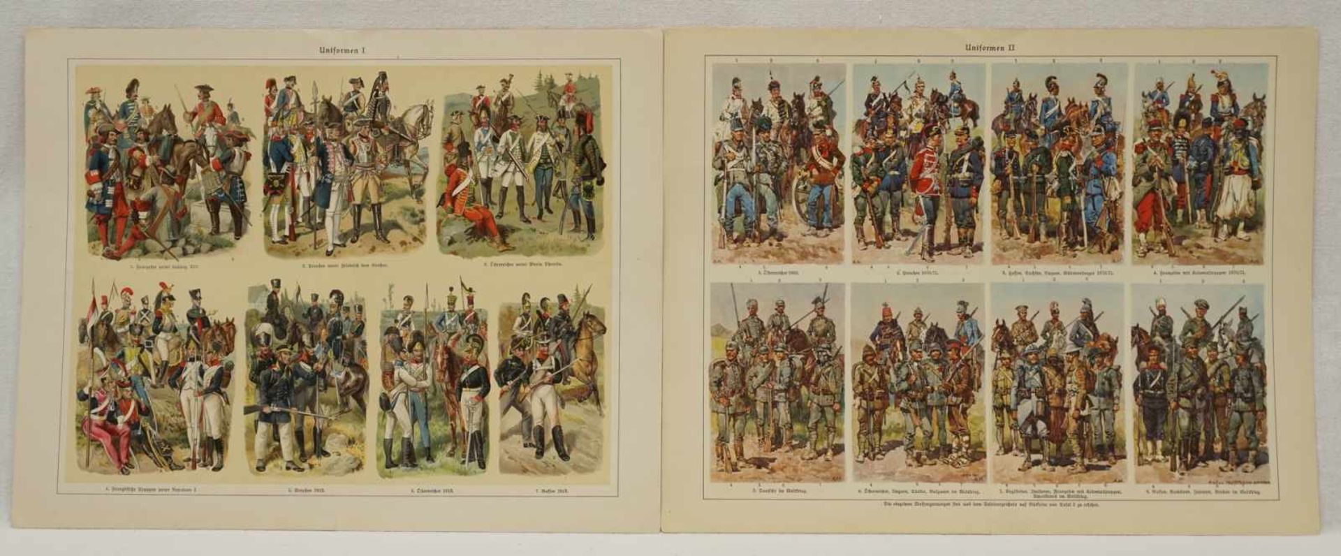 Sieben militärhistorische FarbtafelnFarblithografie/Papier, um 1900, Artillerie, Marine-, Schutz-