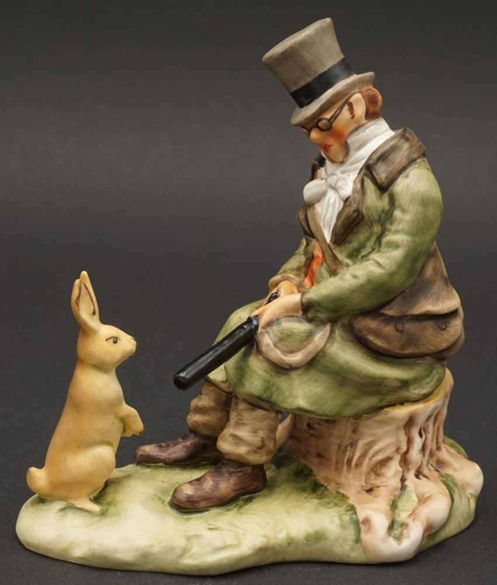 Goebel Figur "Jäger und Hase"koloriert, im Boden germarkt, Biskuitporzellan, nach C. Spitzweg, guter