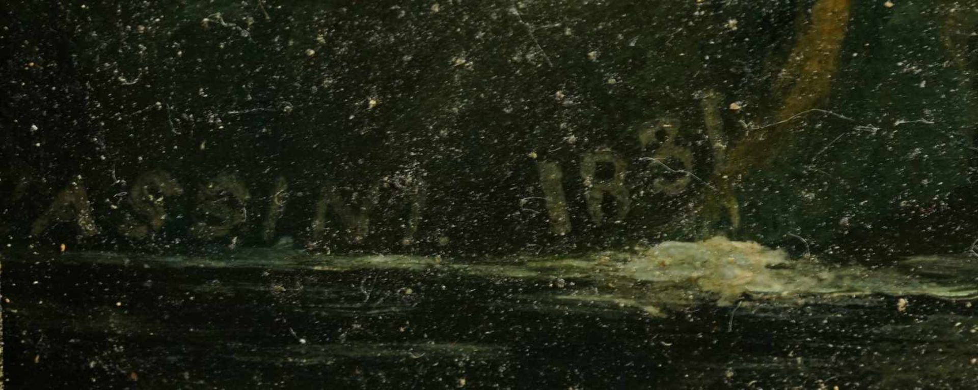 Cassini, "Burgruine am Wasserfall"Öl/Holzplatte, unten links signiert, datiert 1831, altersgemäßer - Bild 4 aus 4