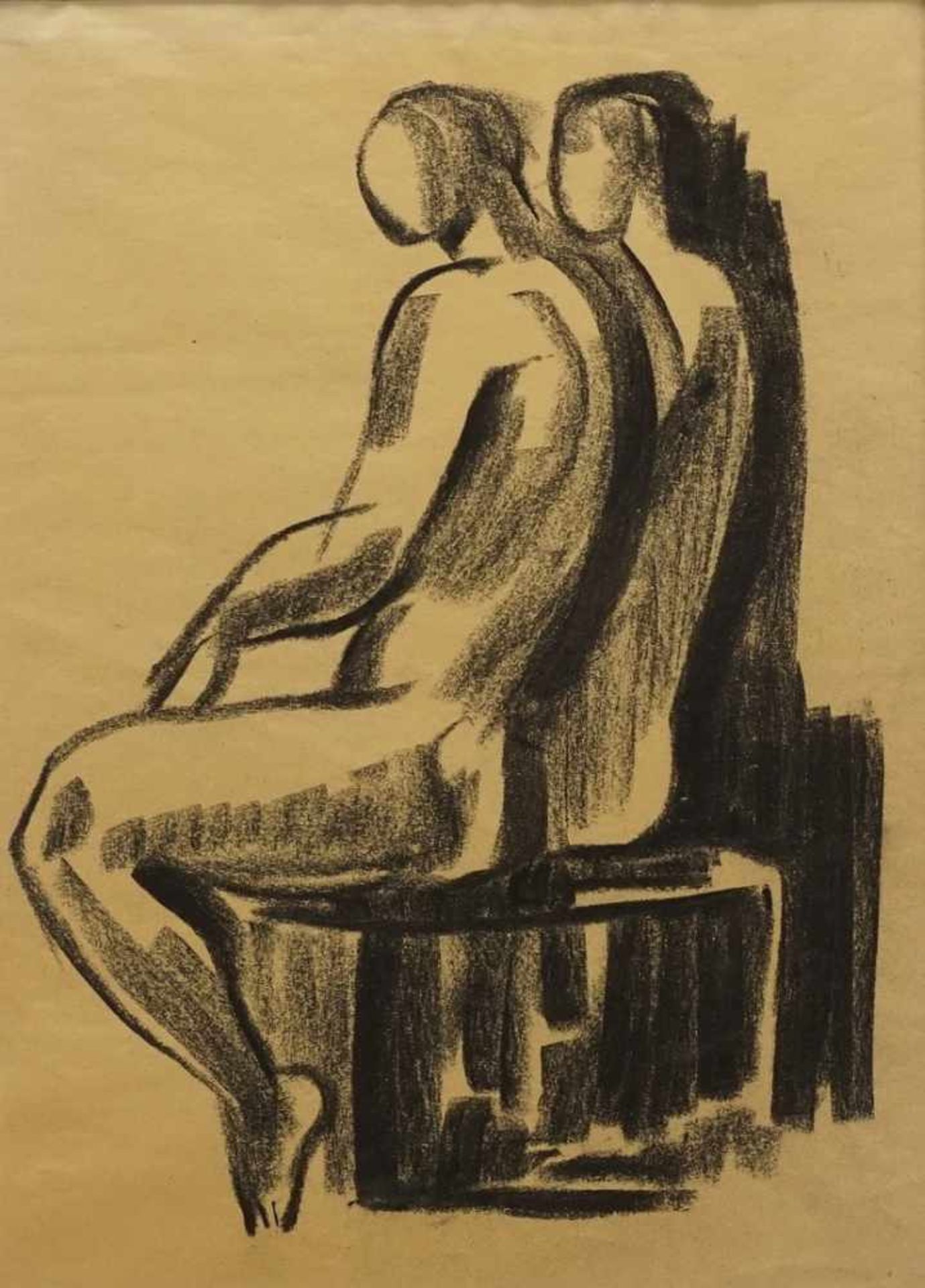 Richard Schwarzkopf, "Zwei sitzende"(1893 Bonn - 1963 Düsseldorf), Kohlezeichnung/Papier, verso