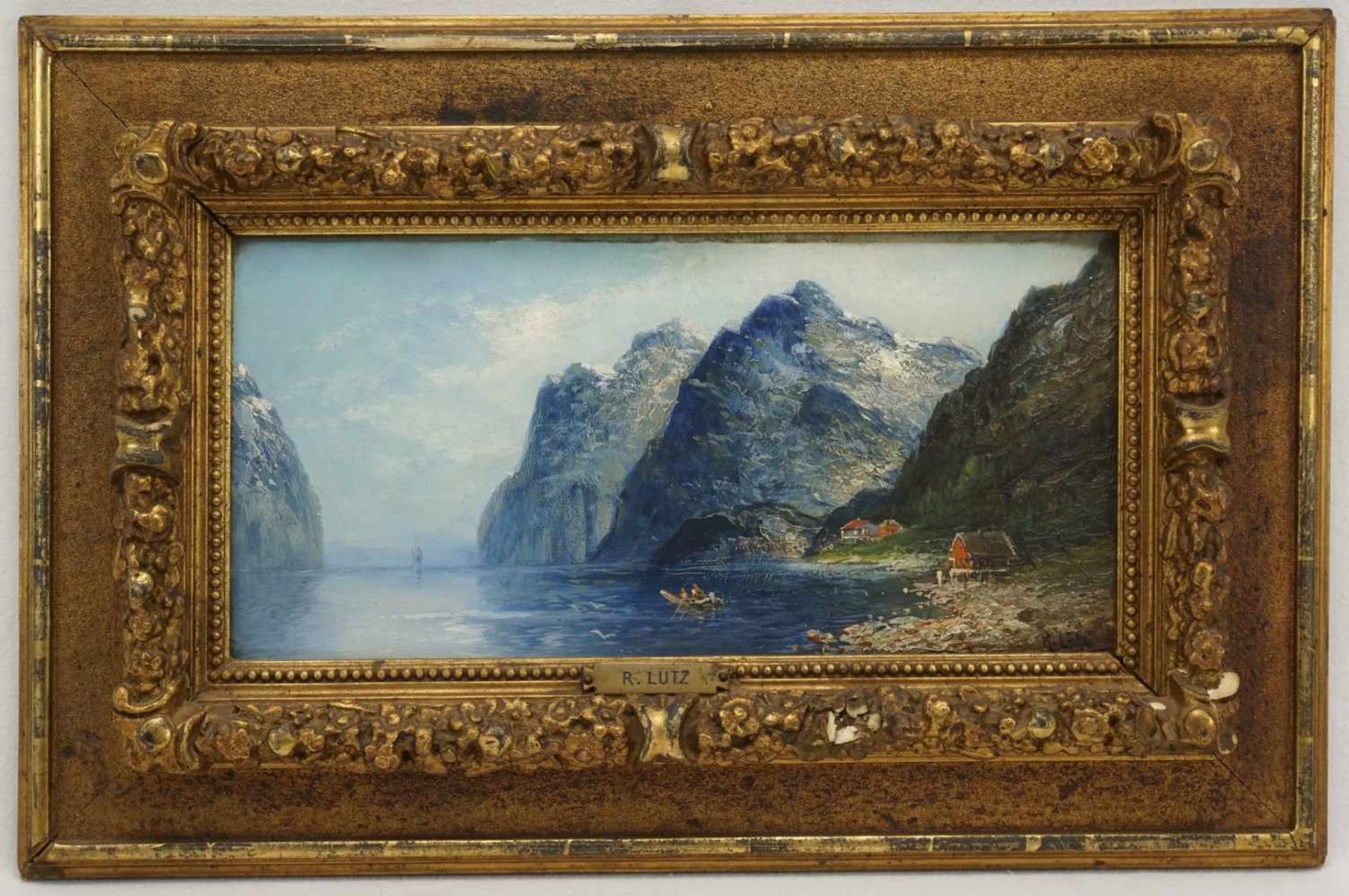 R. Lutz, "Fjordlandschaft"Öl/Holzplatte, unten rechts signiert, 1. Hälfte 20. Jh., Fjordlandschaft