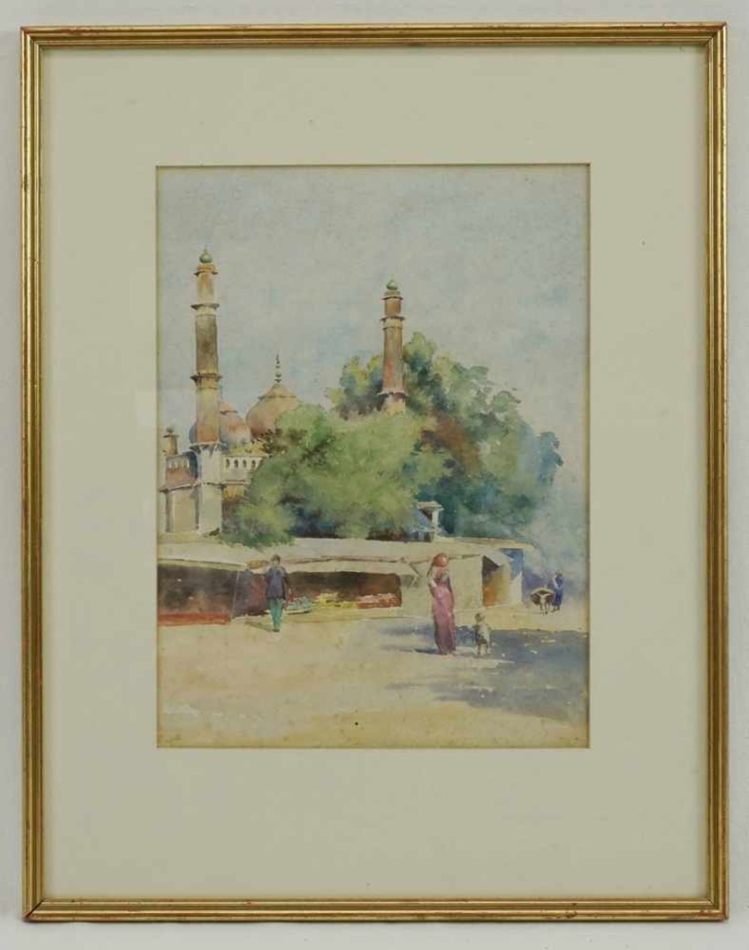 Unbekannter Maler, "Marktplatz vor der Moschee"Aquarell/Papier, unsigniert, orientalisches Bild - Bild 2 aus 3