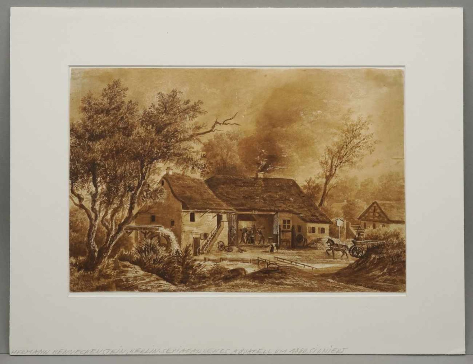 Hermann Benneckenstein, "Schmiede mit Wassermühle"(1830 - 1890), sepiafarbenes Aquarell/Papier, - Bild 2 aus 4