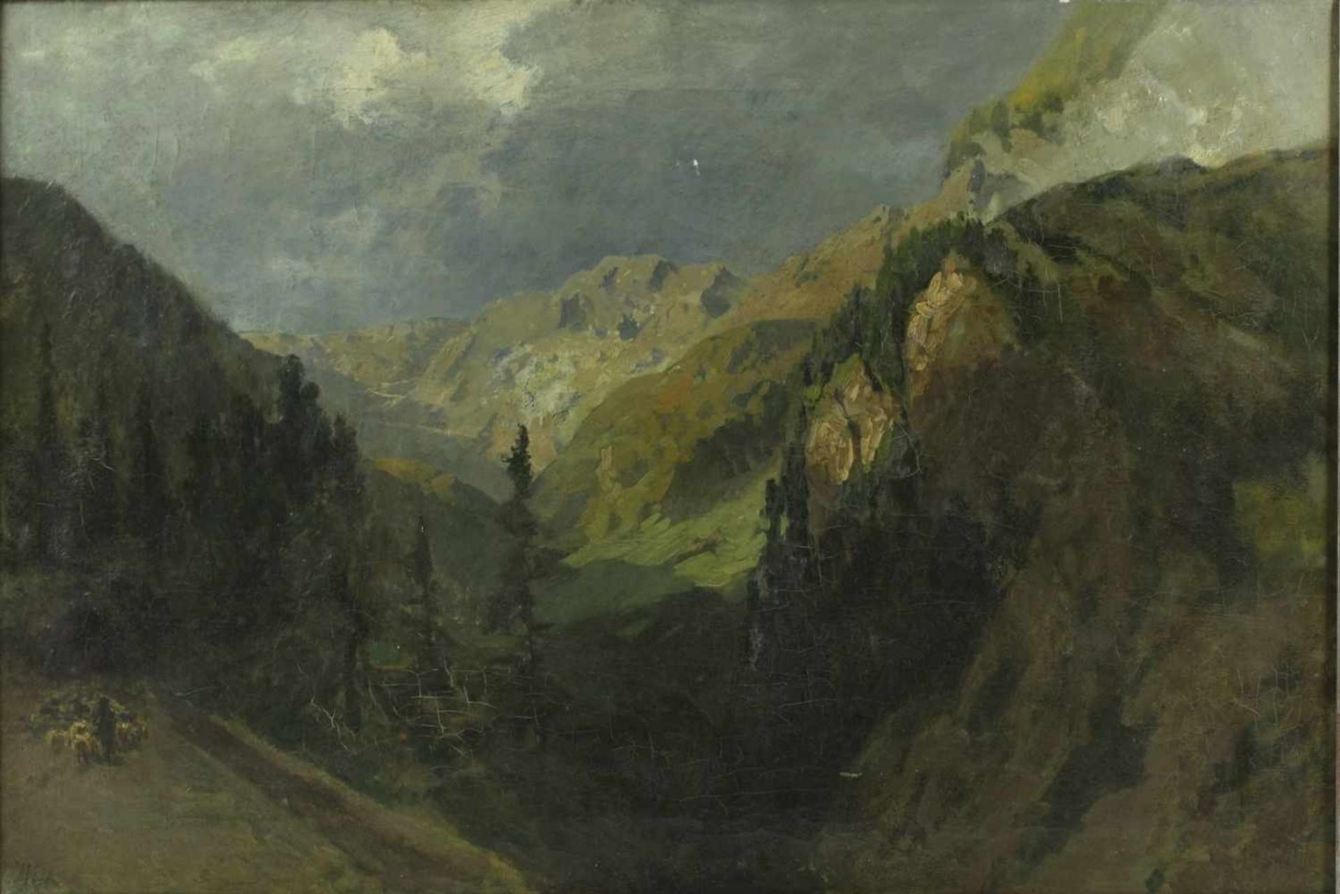 Wilk, "Gebirgslandschaft"Öl/Leinwand, unten links signiert, schönes Landschaftsbild mit Schäfer - Bild 2 aus 4