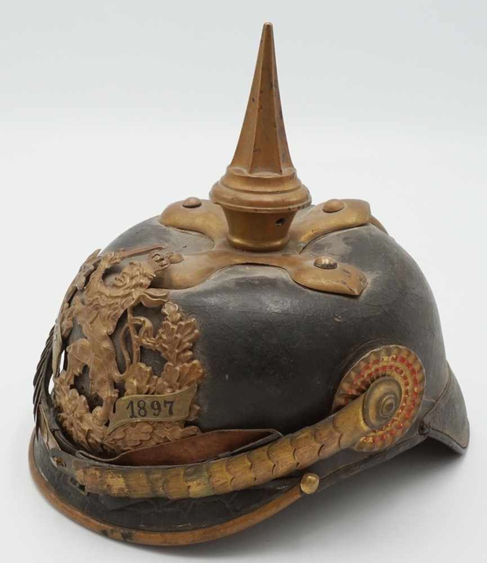 Hessen Offiziers Pickelhaube mit Bandeau, um 1900Leder, Metallbeschläge, Infanterie-Leibregiment - Bild 2 aus 7