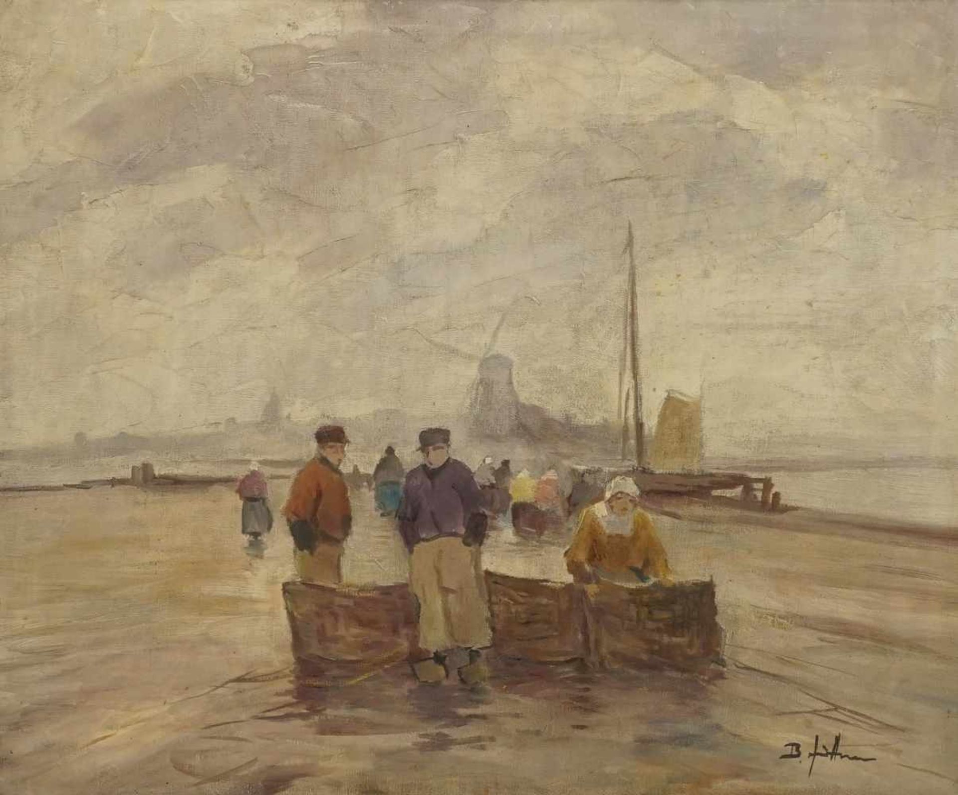 Bruno Jüttner, "Fischer am Strand"(1880  - 1965 Wernigerode), Öl/Leinwand, unten rechts signiert,