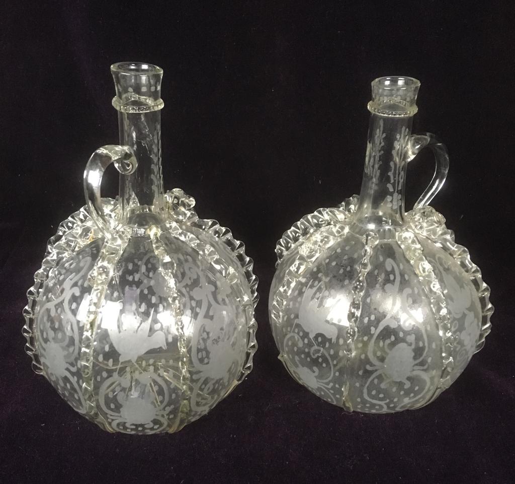 Pair of acid etched and pinch decorated glass wine ewers - Image 2 of 2