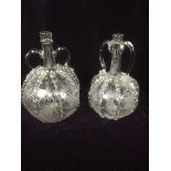 Pair of acid etched and pinch decorated glass wine ewers