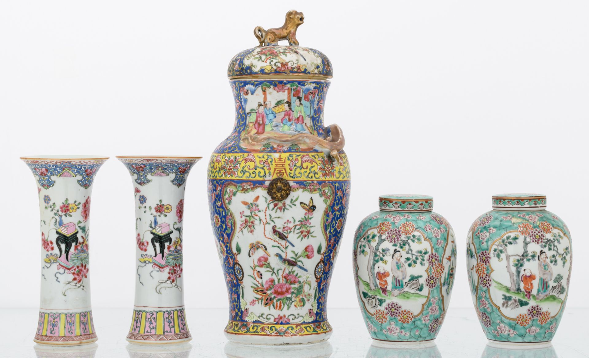 A pair of Chinese turquoise ground famille rose floral decorated ginger jars and covers, the - Image 3 of 8