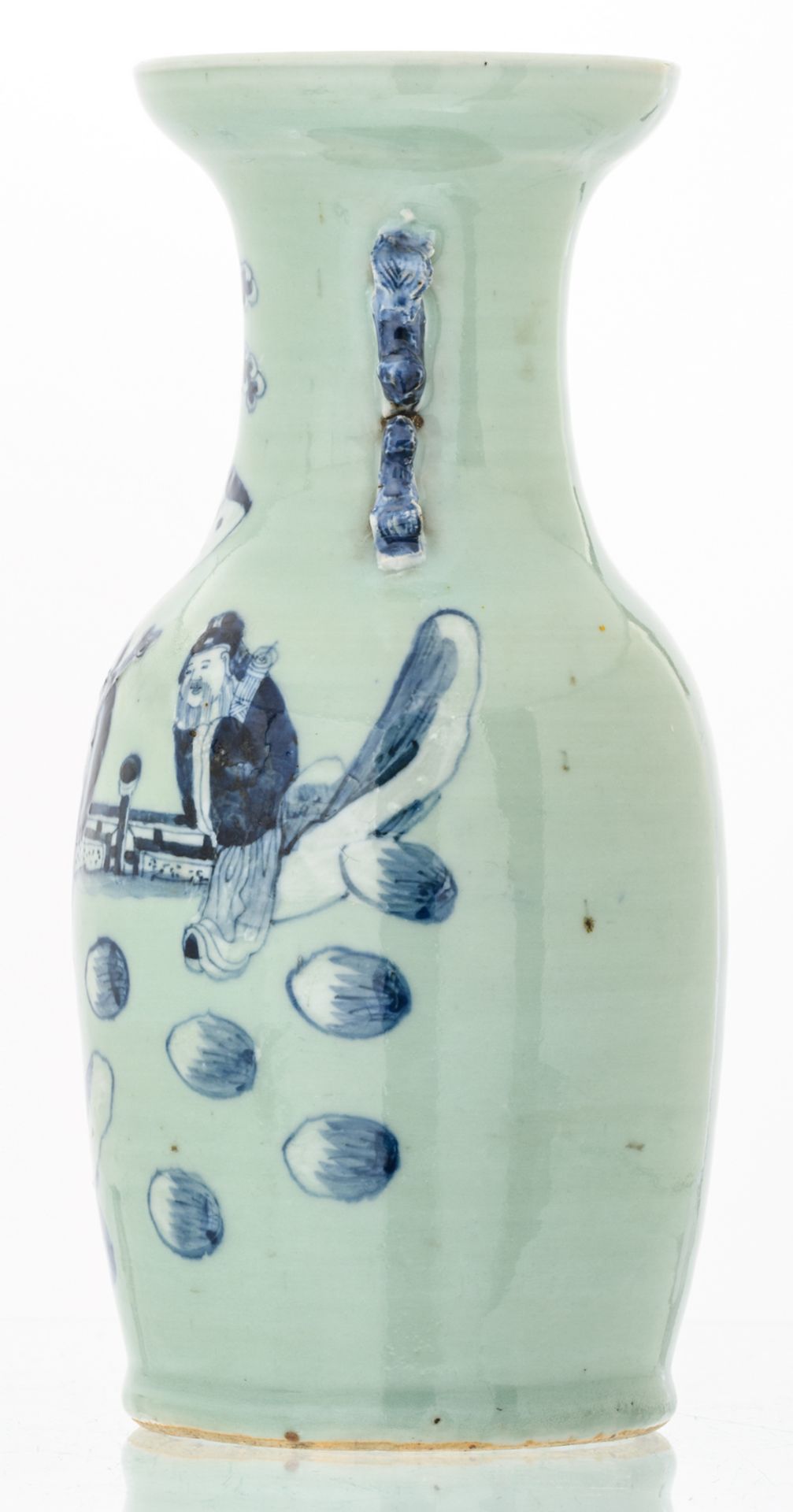 A Chinese celadon ground blue and white decorated vase with an animated scene, 19thC, H 43,5 cm - Image 2 of 6