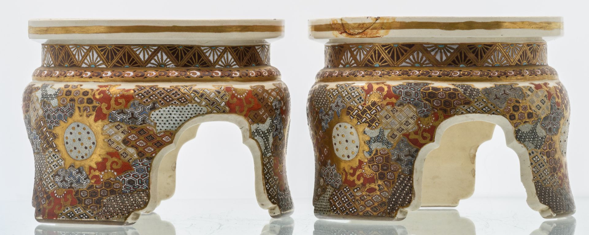 A fine pair of Japanese Satsuma and relief decorated vases on ditto soccles, late Edo period, H - Image 9 of 13