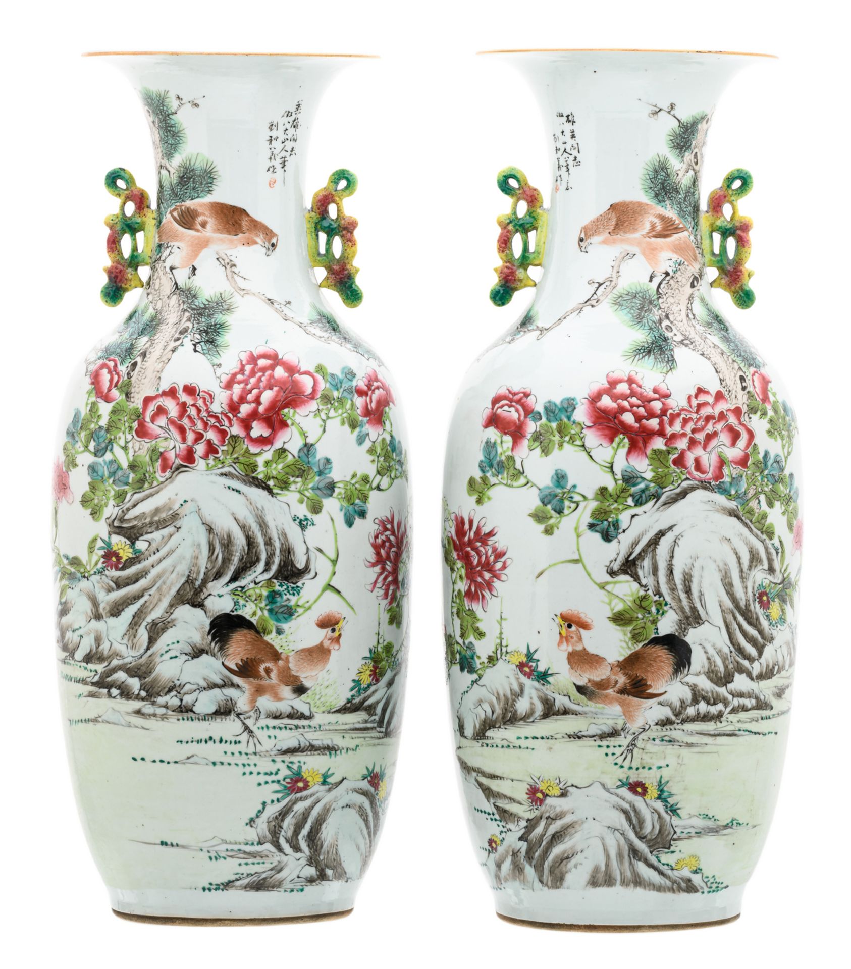 A pair of Chinese famille rose and polychrome decorated vases, one side with a rooster, a bird of