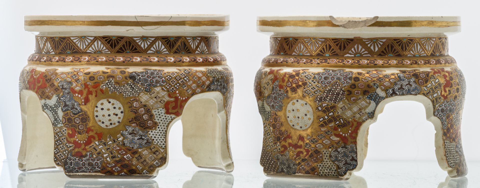 A fine pair of Japanese Satsuma and relief decorated vases on ditto soccles, late Edo period, H - Image 10 of 13