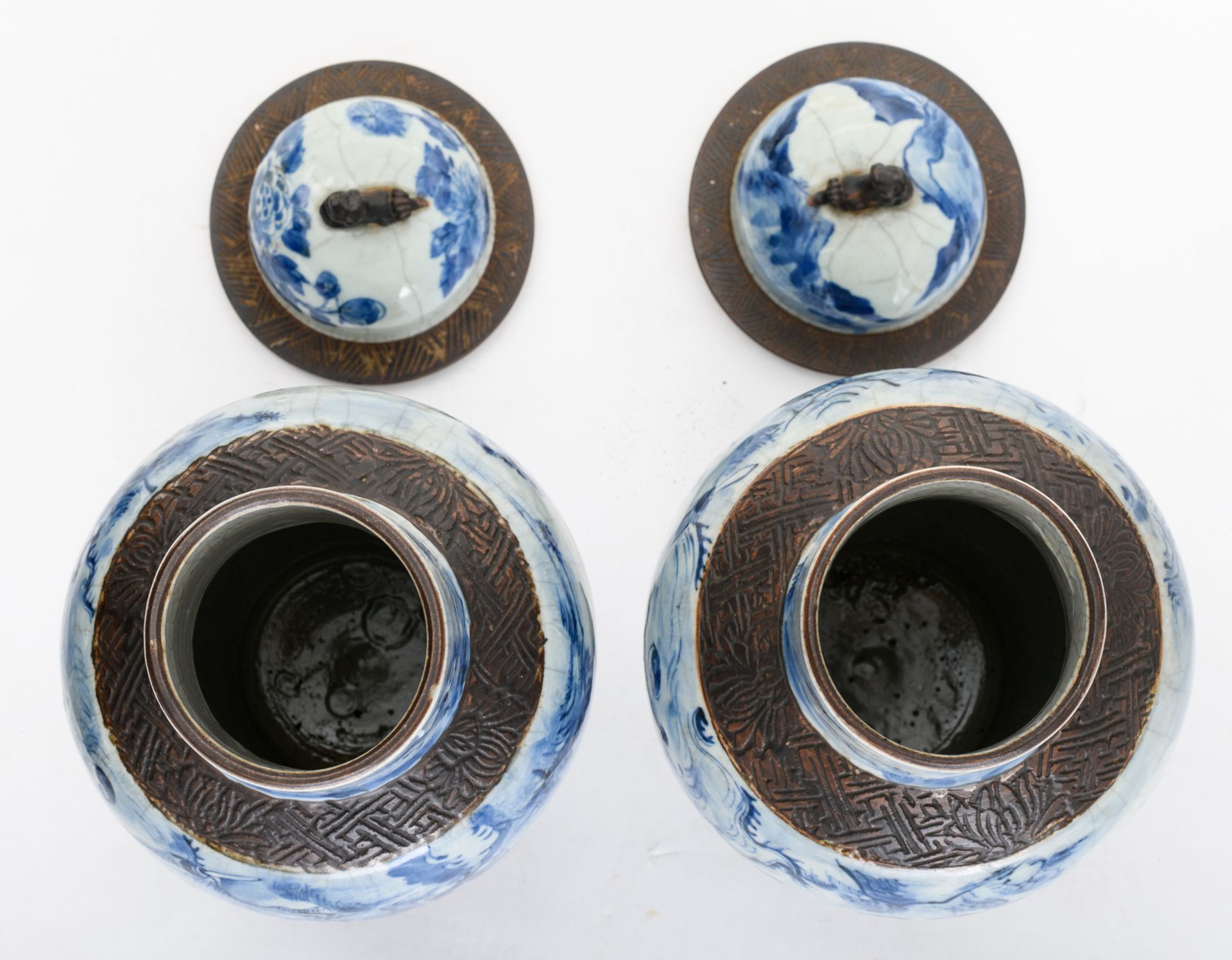 Two Chinese stoneware blue and white decorated crackleware vases and covers with deities in a - Image 5 of 6