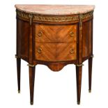 A Neoclassical gilt bronze mounted demi-lune chest of drawers with a marble top, H 86 - W 72 - D