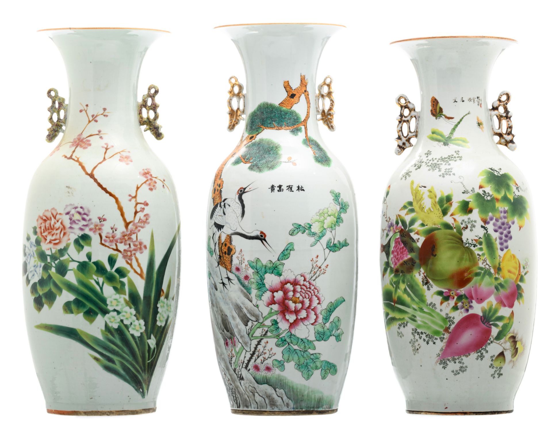 Three Chinese famille rose vases, decorated with flower branches, fruits, cranes and calligraphic