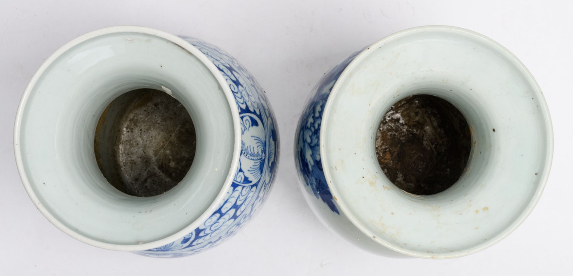 Four Chinese celadon ground vases, blue and white decorated with birds, flower branches and - Image 5 of 8