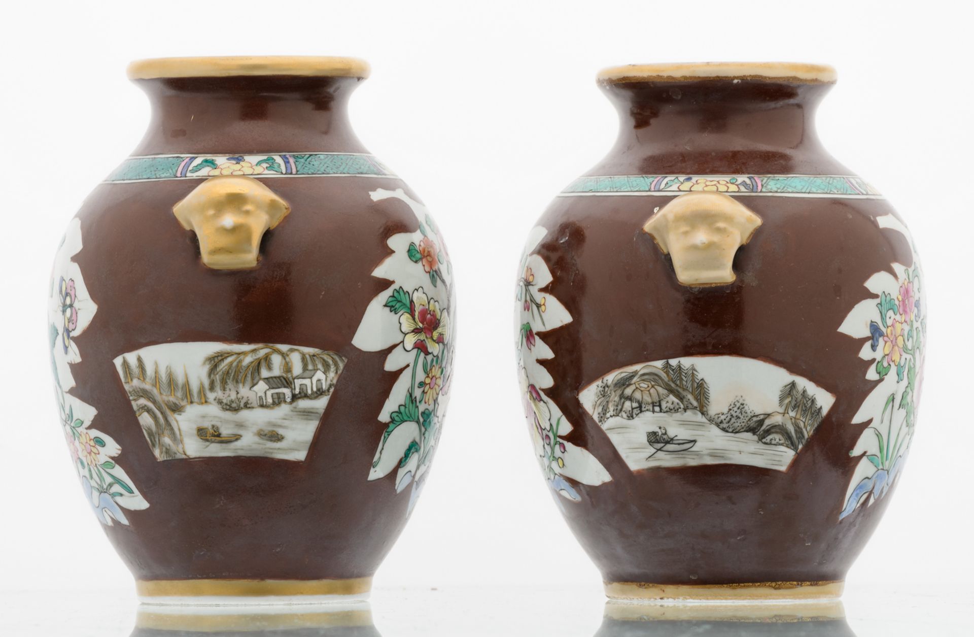 Two Chinese café au lait ground vases, the roundels famille rose, decorated with rocks, flower - Image 2 of 6