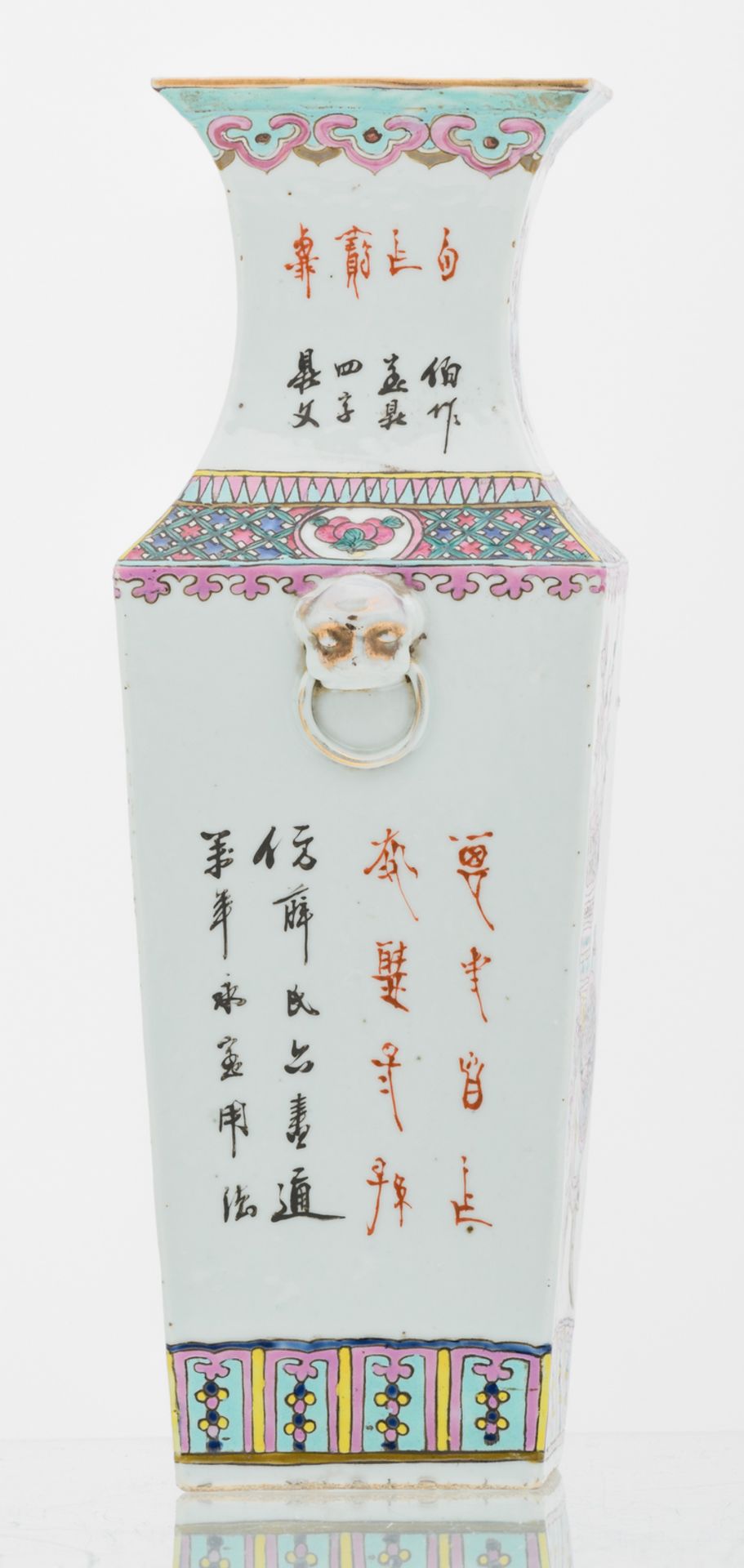 A Chinese famille rose quadrangular vase, decorated with flower vases and calligraphic texts, 19thC, - Image 2 of 6