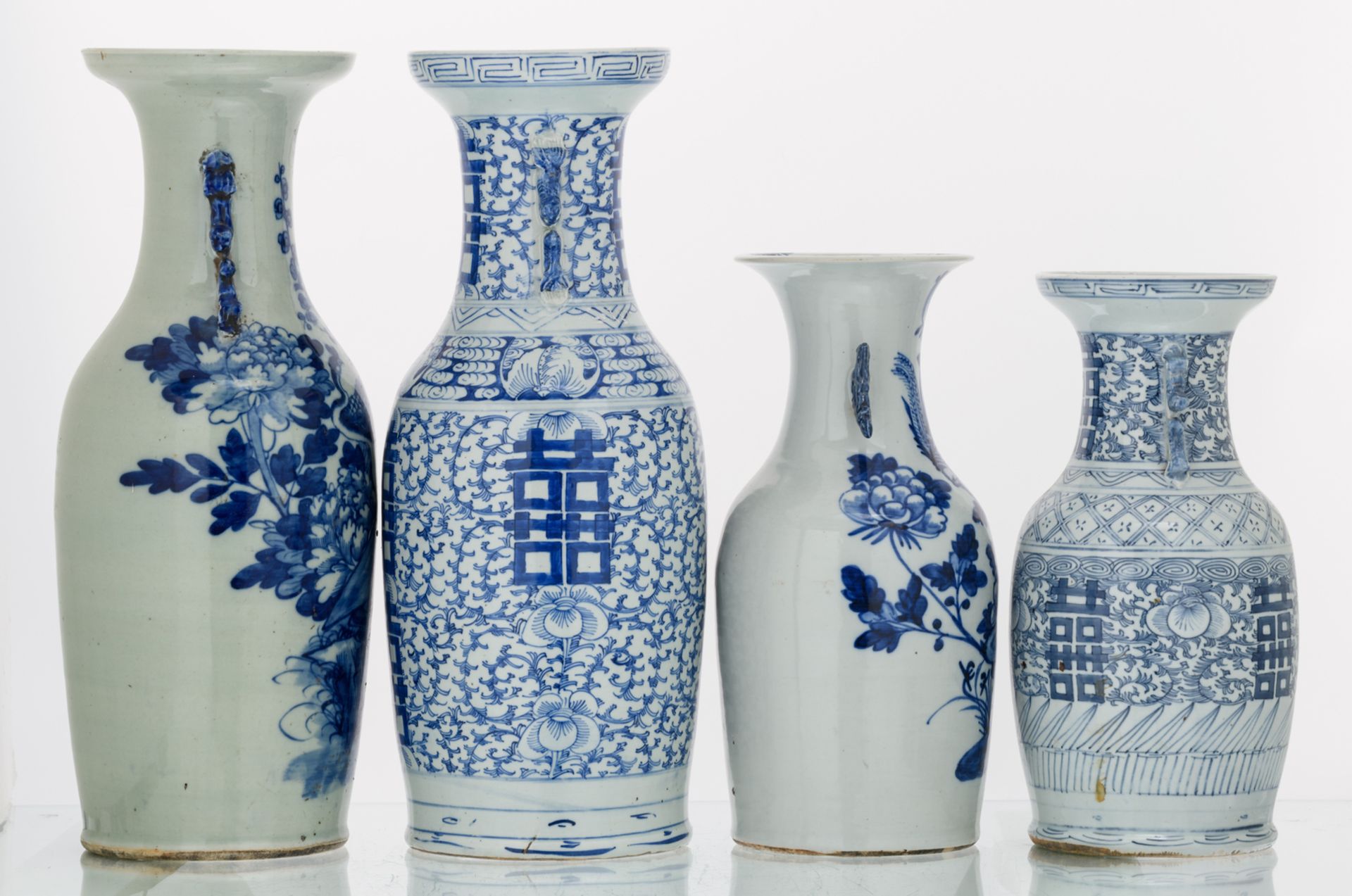 Four Chinese celadon ground vases, blue and white decorated with birds, flower branches and - Image 4 of 8