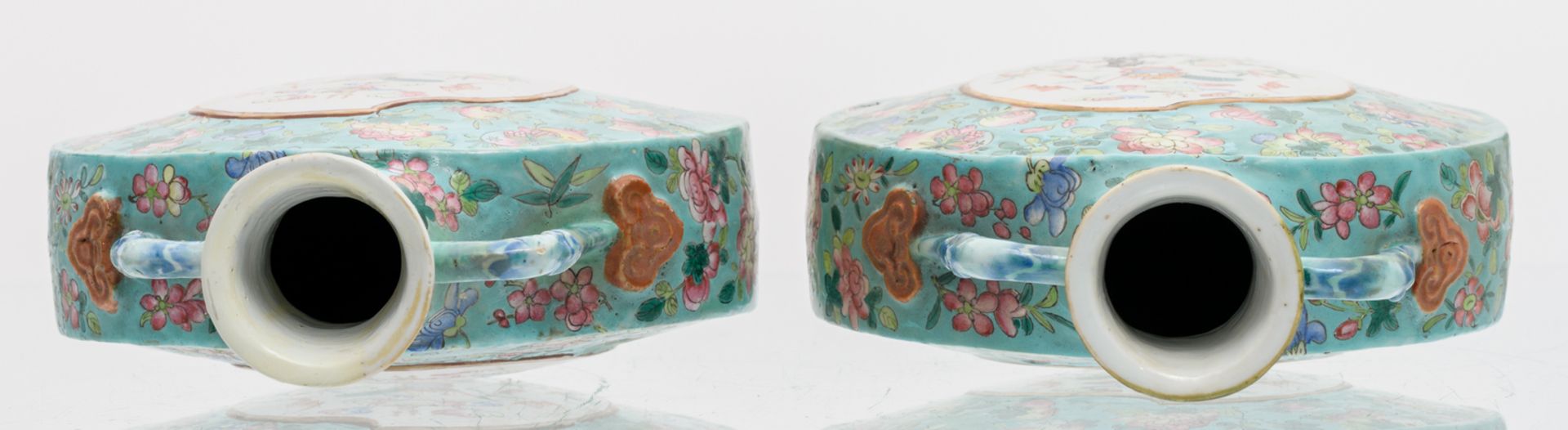 Two Chinese turquoise ground famille rose floral decorated moon flasks, the roundels with auspicious - Image 5 of 6