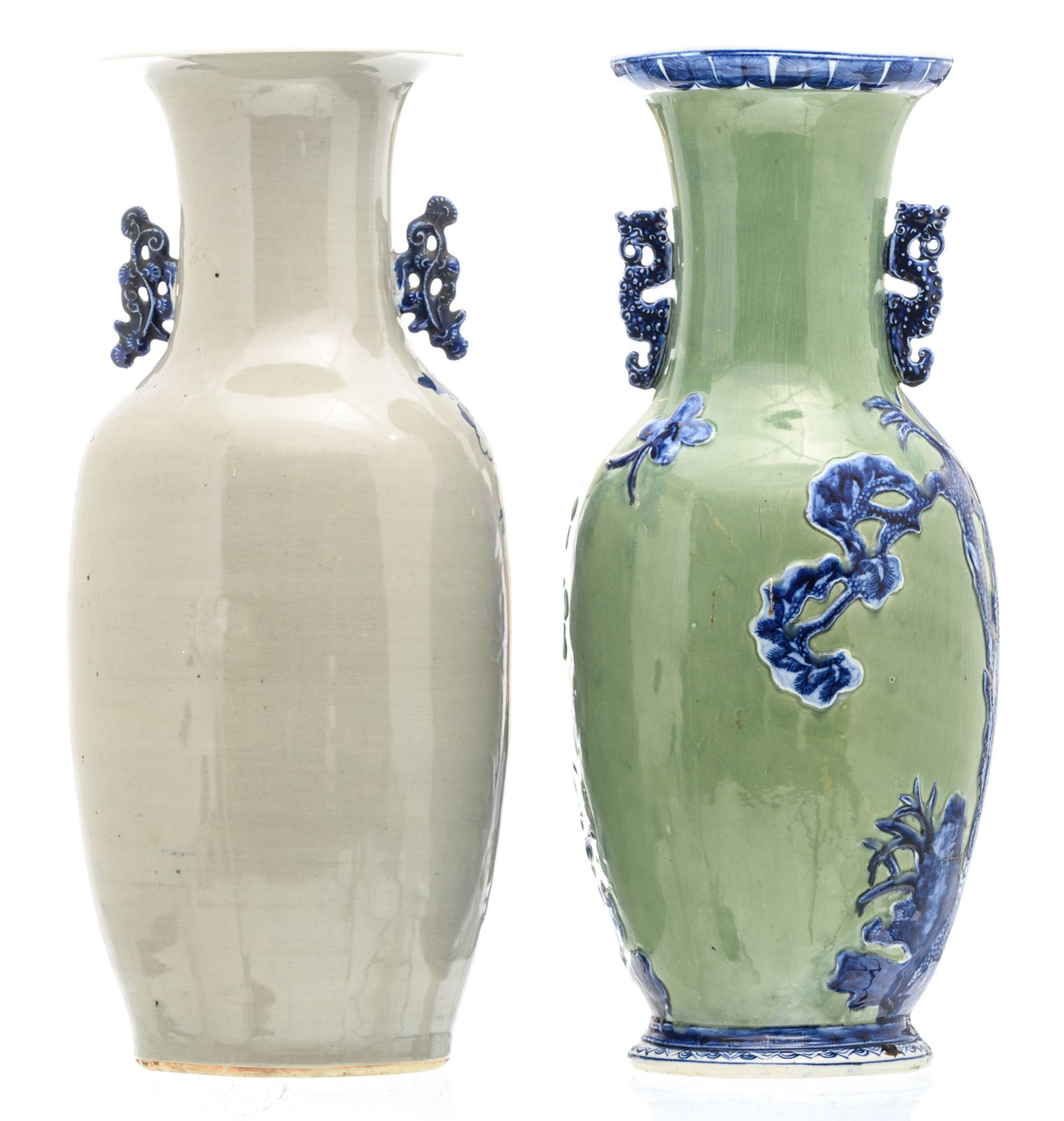 A Chinese grey celadon ground blue and white floral decorated vase with a phoenix and a dragon; - Image 3 of 6