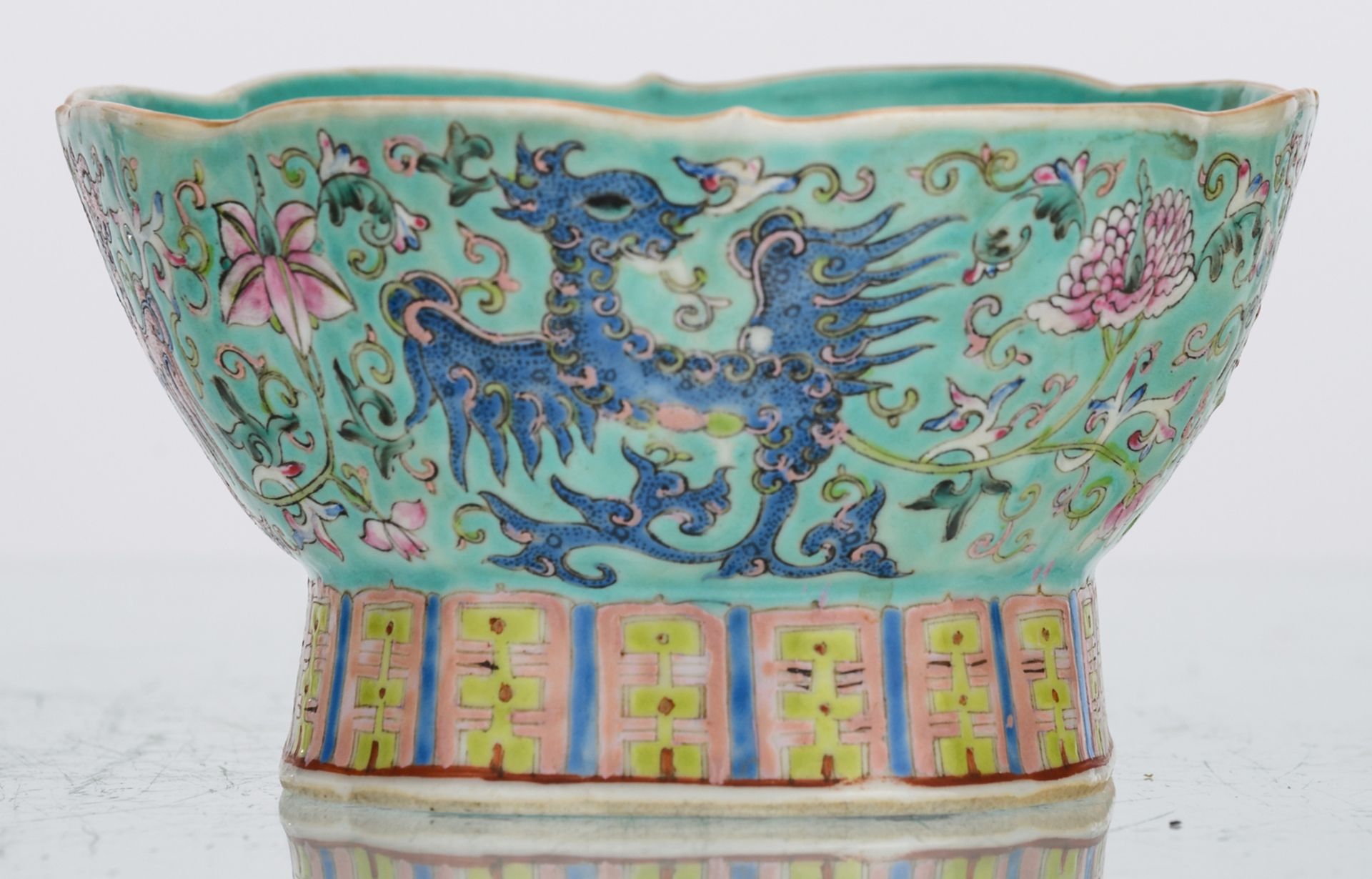 A Chinese oval lobed turquoise ground footed bowl, floral decorated with phoenix, H 10 - W 24,5 - - Image 5 of 7